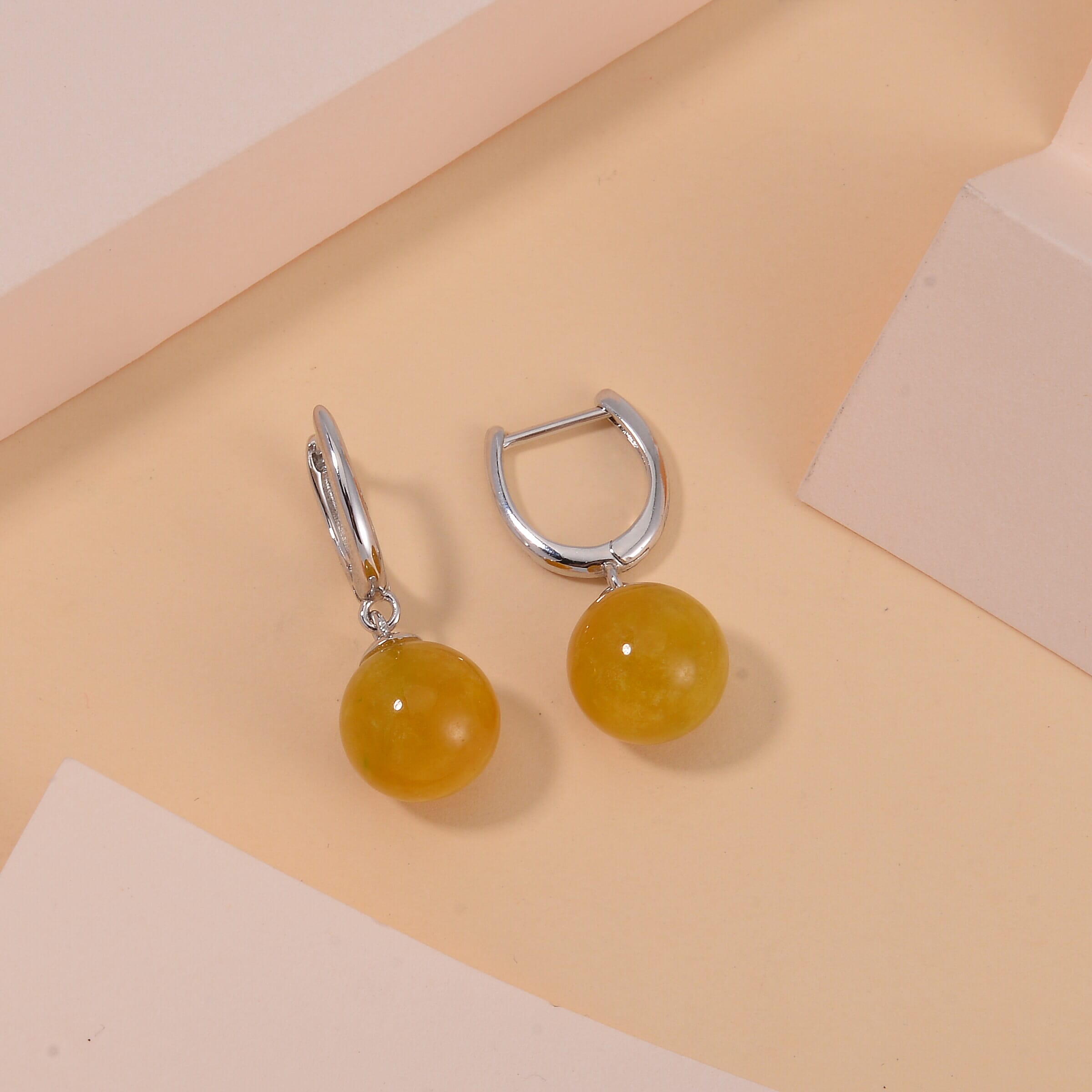 Yellow Jadeite Jade Half Hoop Ball Earrings in Rhodium Overlay Sterling Silver 23.83 Ct