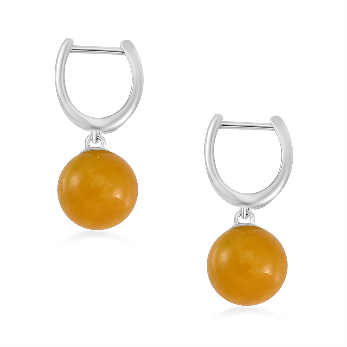 Yellow Jadeite Jade Half Hoop Ball Earrings in Rhodium Overlay Sterling Silver 23.83 Ct