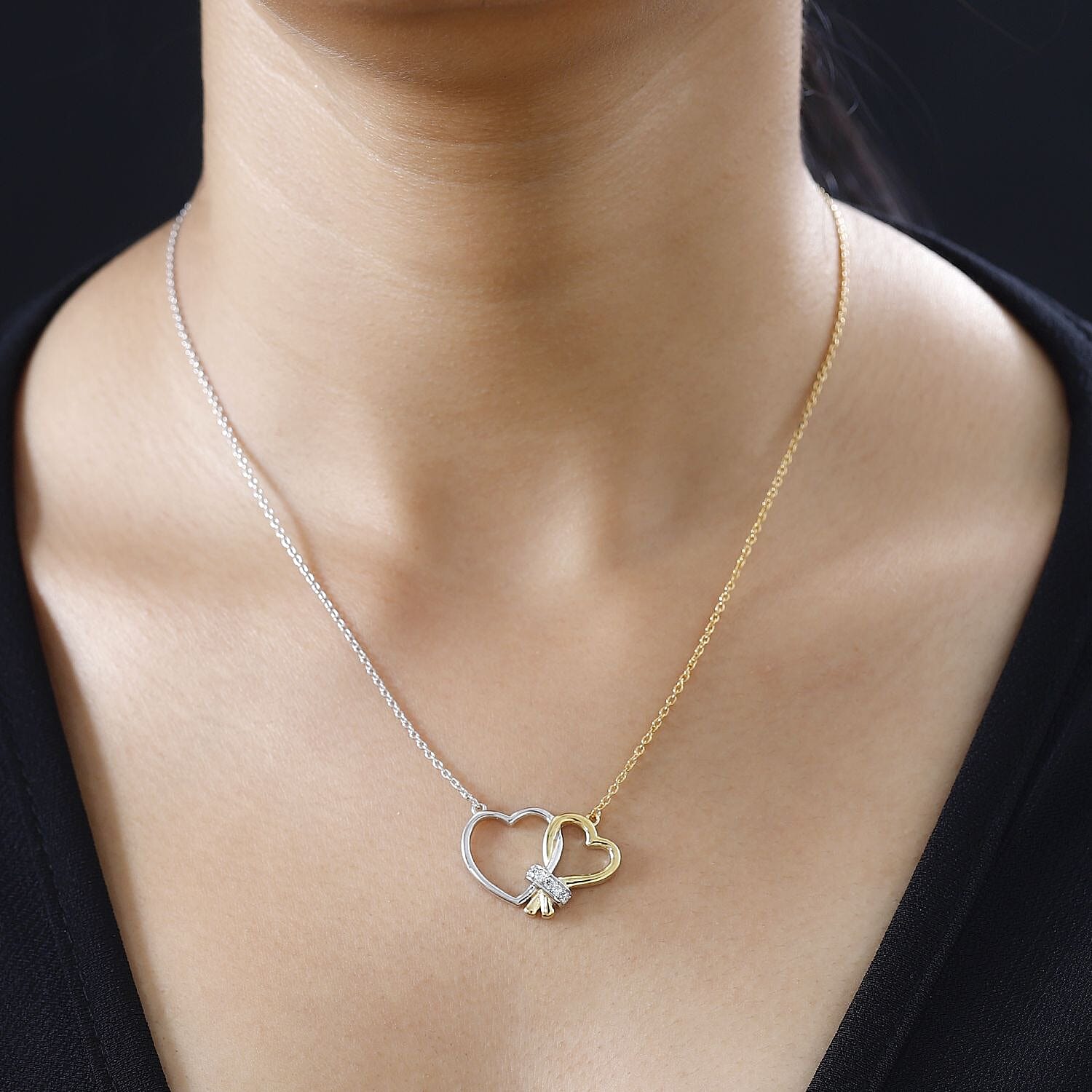 Moissanite Hearts Necklace (Size - 20) in Platinum & 18K Yellow Gold Vermeil Plated Sterling Silver