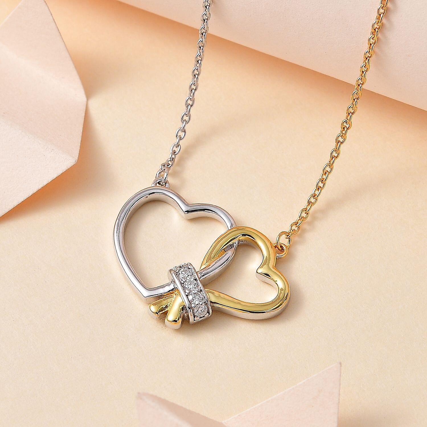 Moissanite Hearts Necklace (Size - 20) in Platinum & 18K Yellow Gold Vermeil Plated Sterling Silver