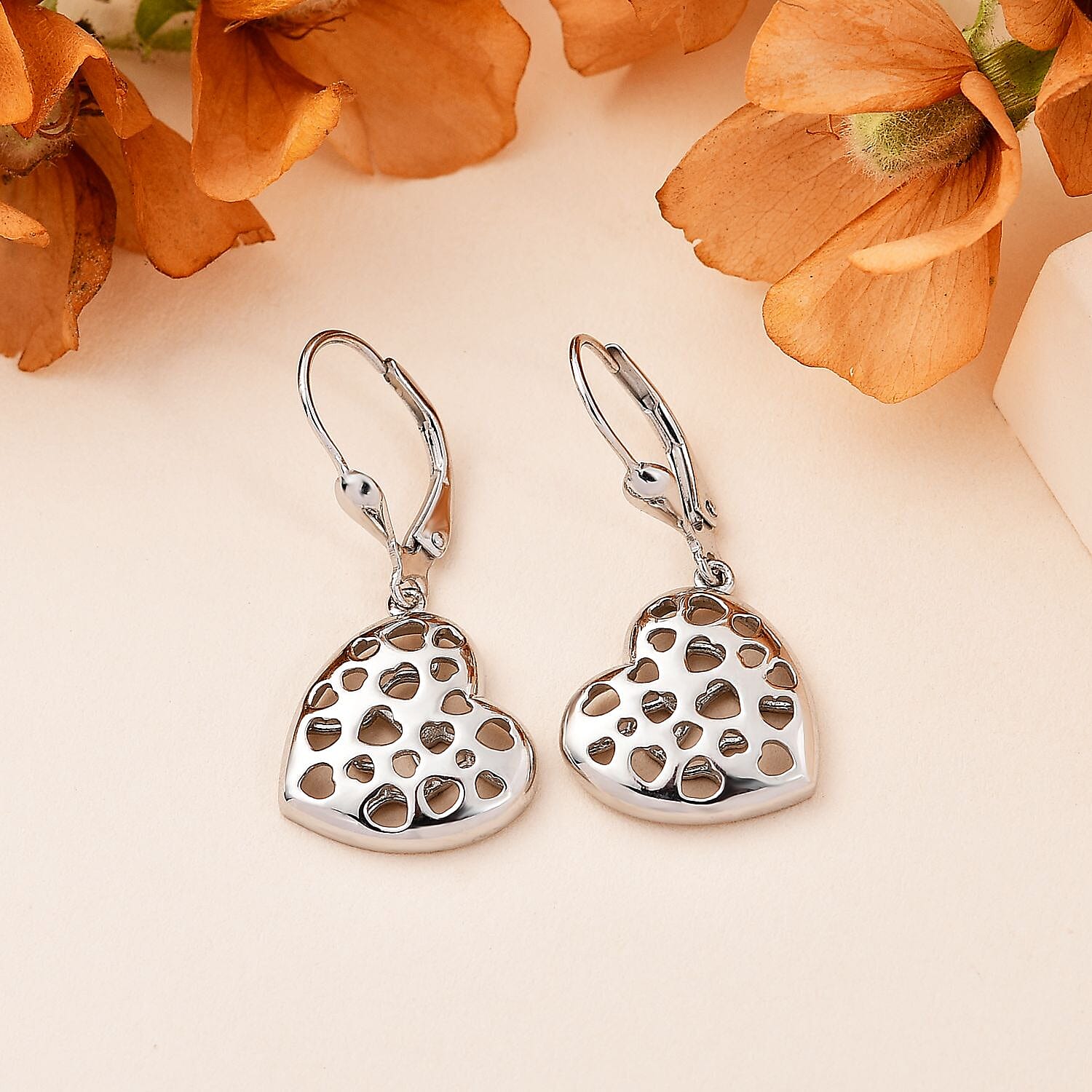 Designer Inspired - Platinum Overlay Sterling Silver Heart Earrings