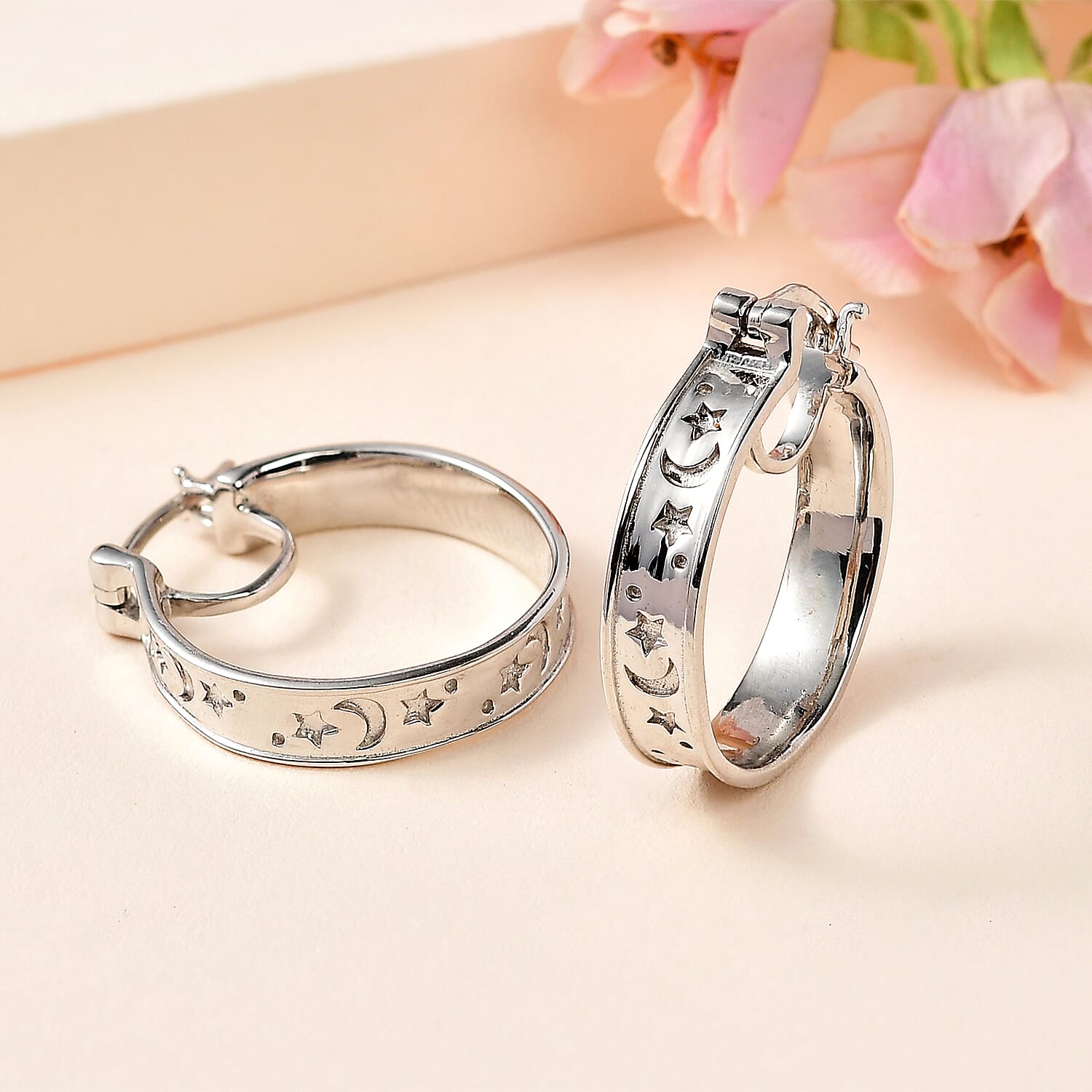 Platinum Overlay Sterling Silver Hoop Earrings, Silver Wt. 6 Gms