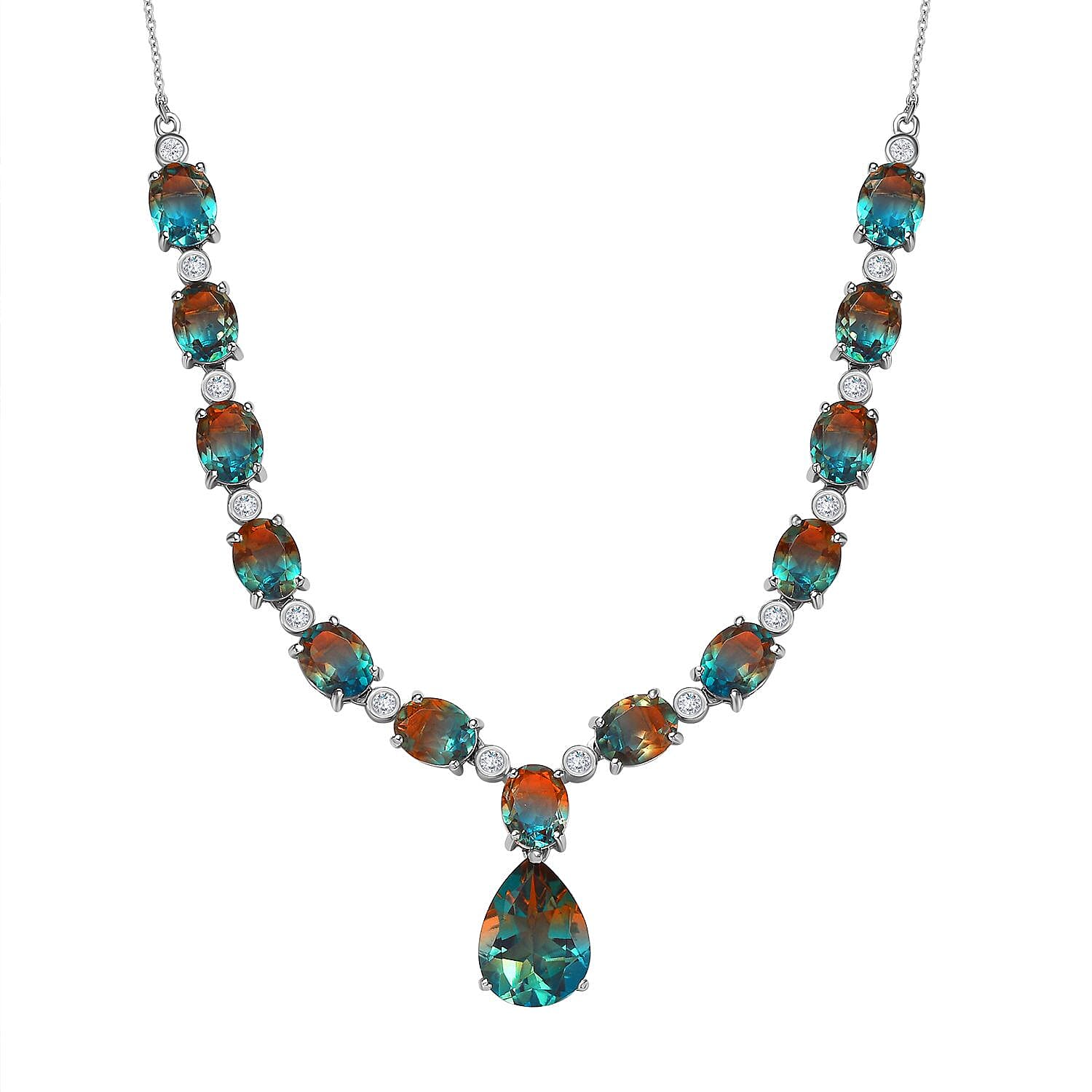Aqua Terra Costa Quartz & Natural Zircon Necklace (Size - 20) in Platinum Overlay Sterling Silver 36.90 Ct, Silver Wt 14.40 Gms