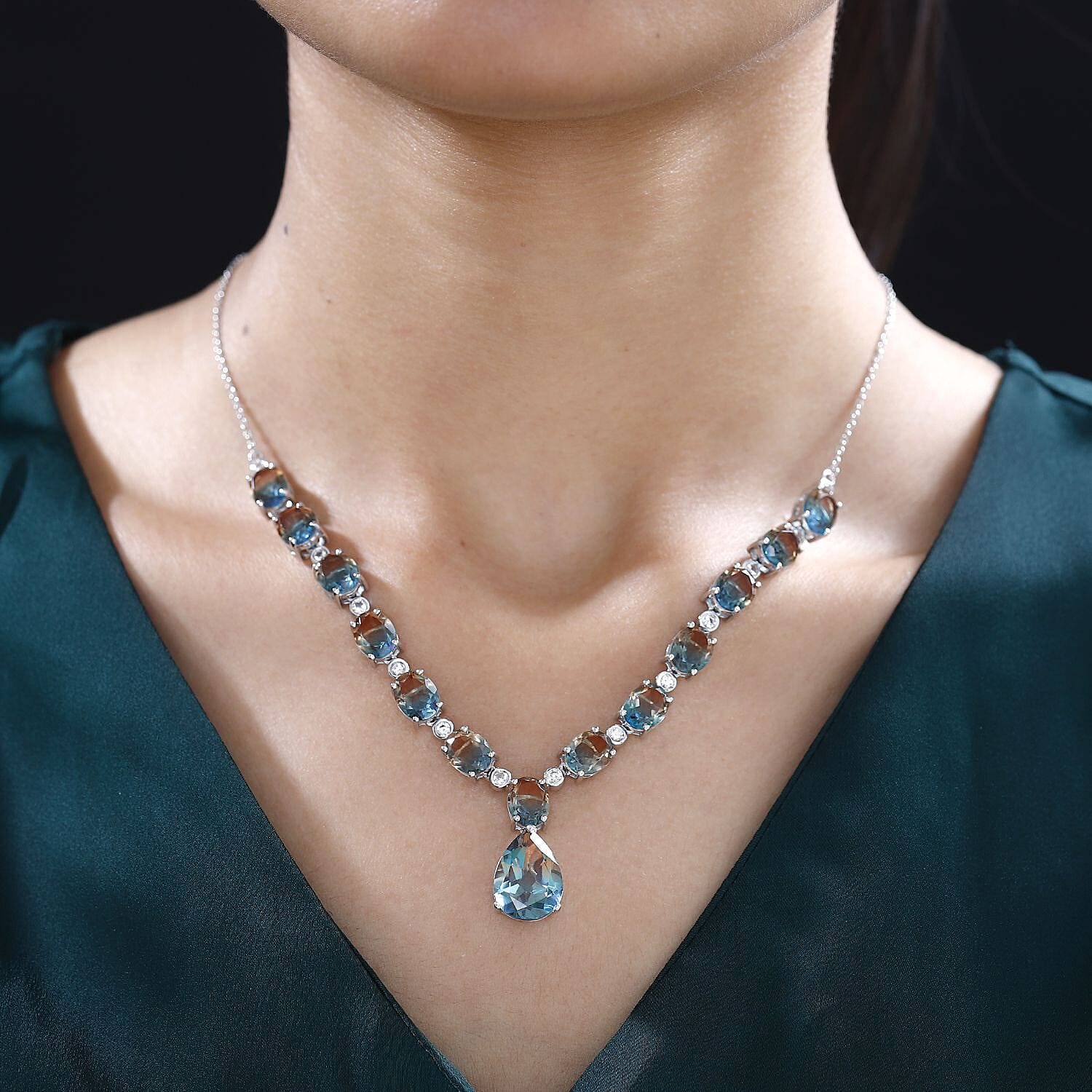 Aqua Terra Costa Quartz & Natural Zircon Necklace (Size - 20) in Platinum Overlay Sterling Silver 36.90 Ct, Silver Wt 14.40 Gms