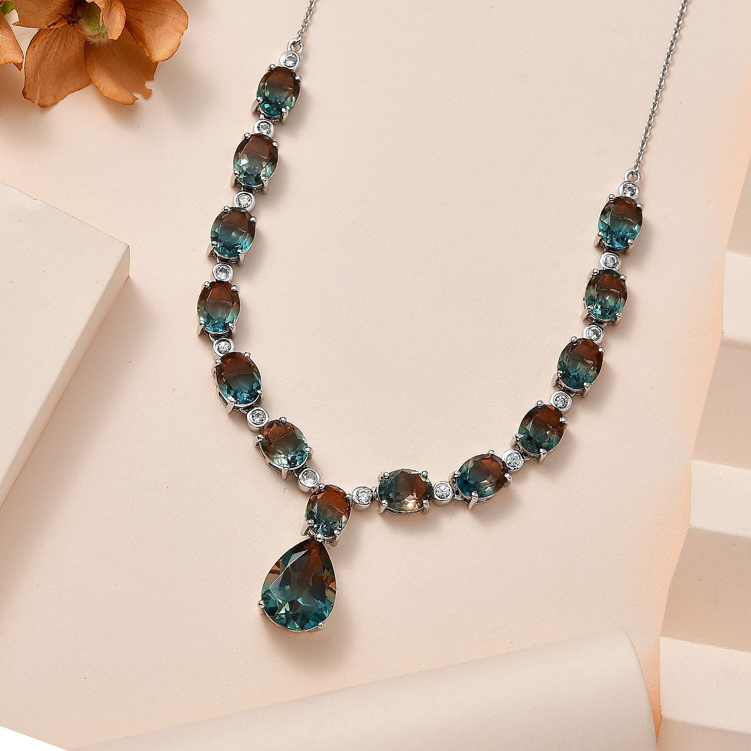 Aqua Terra Costa Quartz & Natural Zircon Necklace (Size - 20) in Platinum Overlay Sterling Silver 36.90 Ct, Silver Wt 14.40 Gms