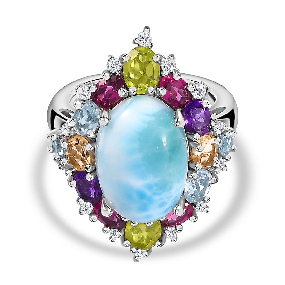 Larimar & Multigemstone Ring in Platinum Overlay Sterling Silver 10.80 Ct.