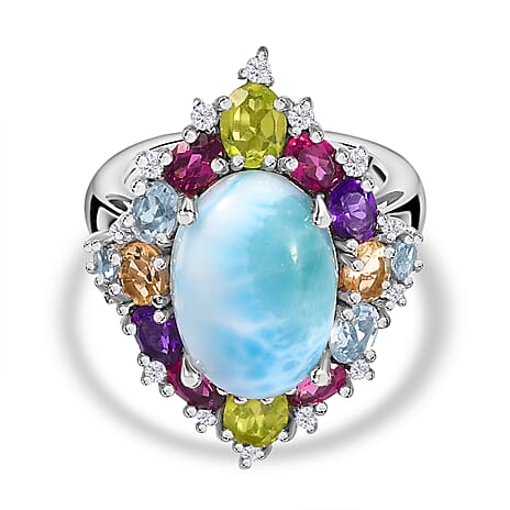 Larimar & Multi Gemstone Ring in Platinum Overlay Sterling Silver 10.80 Ct.