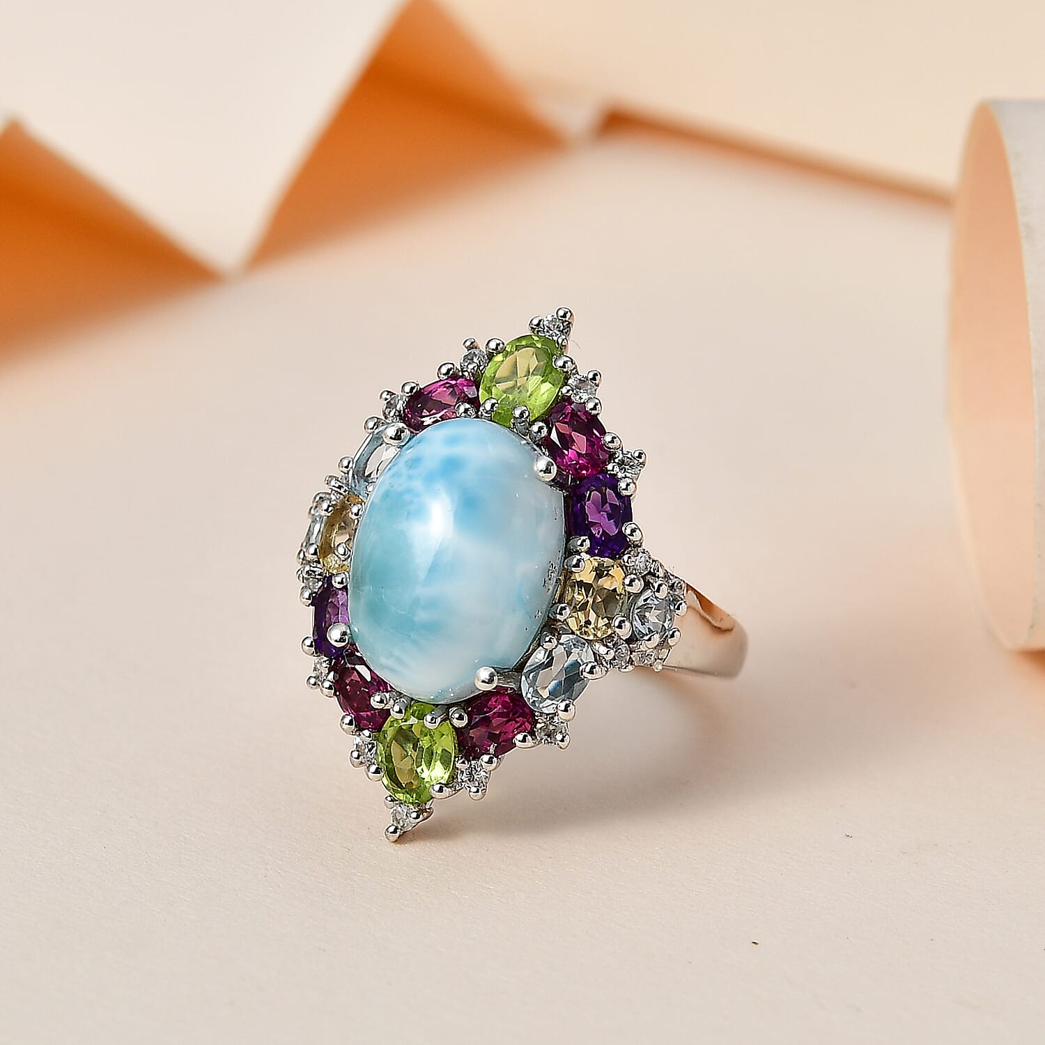 Larimar & Multi Gemstone Ring in Platinum Overlay Sterling Silver 10.80 Ct.