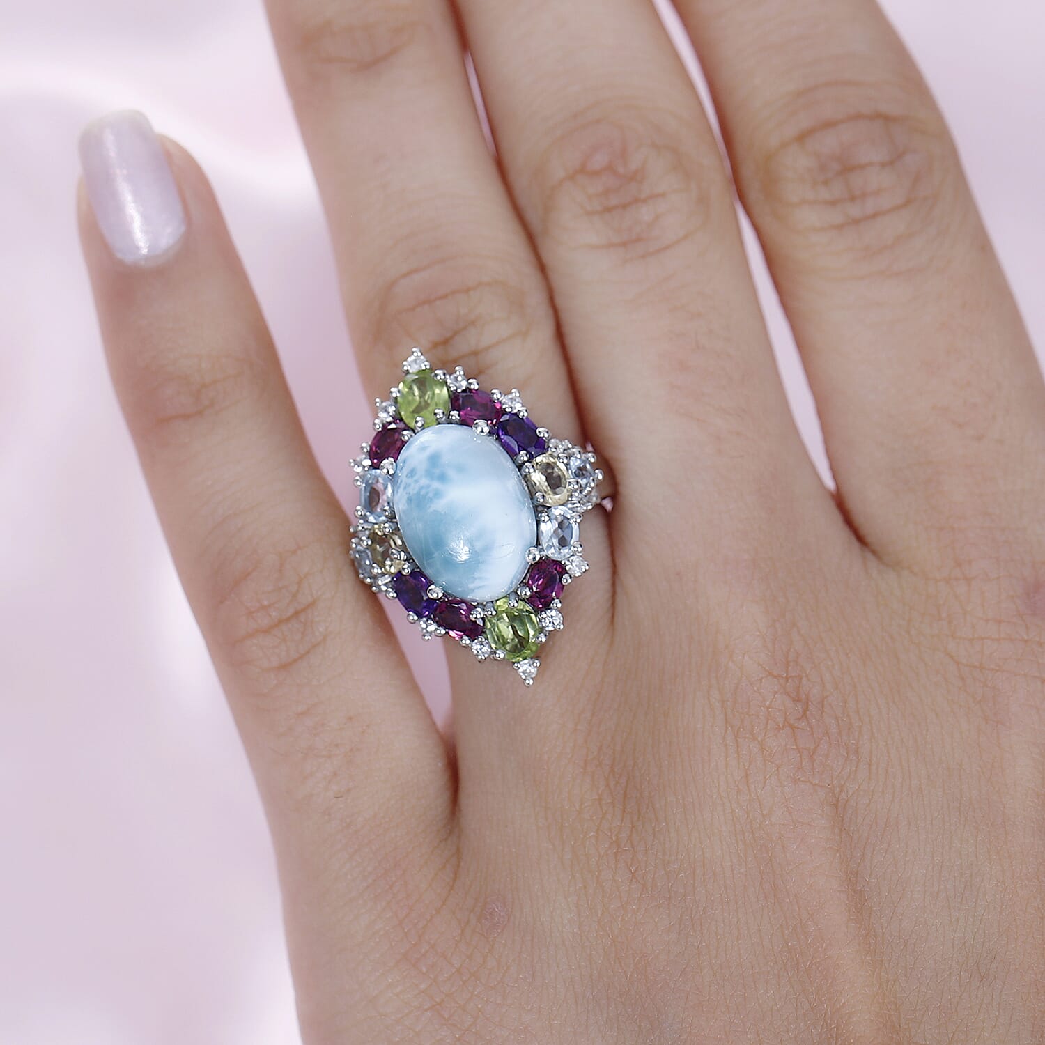 Larimar & Multi Gemstone Ring in Platinum Overlay Sterling Silver 10.80 Ct.