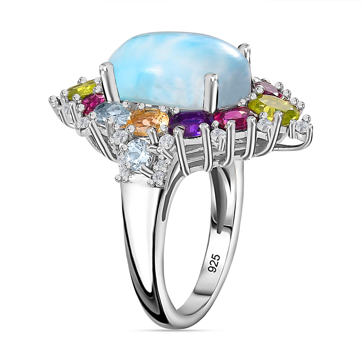 Larimar & Multi Gemstone Ring in Platinum Overlay Sterling Silver 10.80 Ct.