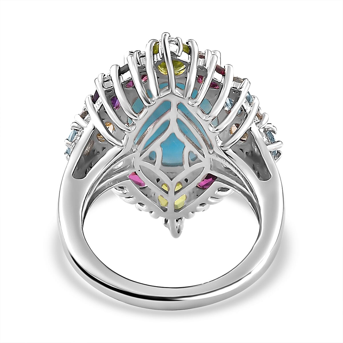 Larimar & Multi Gemstone Ring in Platinum Overlay Sterling Silver 10.80 Ct.