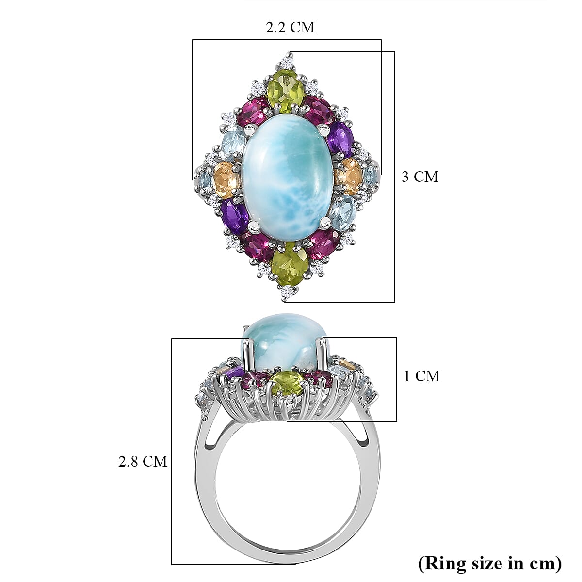Larimar & Multi Gemstone Ring in Platinum Overlay Sterling Silver 10.80 Ct.
