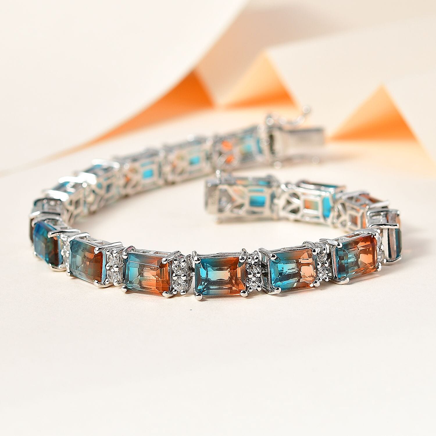 Aqua Terra Costa Quartz & Natural Zircon Tennis Bracelet (Size - 7) in Platinum Overlay Sterling Silver 32.44 Ct, Silver Wt 5.60 GM