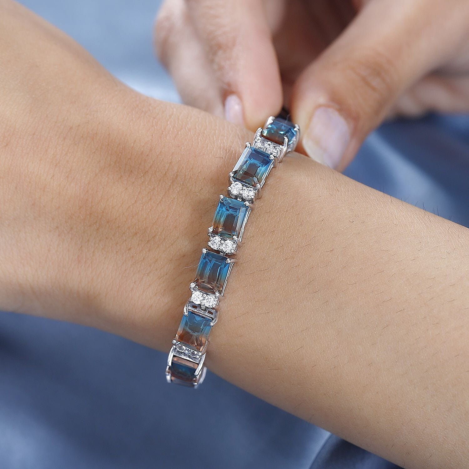 Aqua Terra Costa Quartz & Natural Zircon Tennis Bracelet (Size - 7) in Platinum Overlay Sterling Silver 32.44 Ct, Silver Wt 5.60 GM