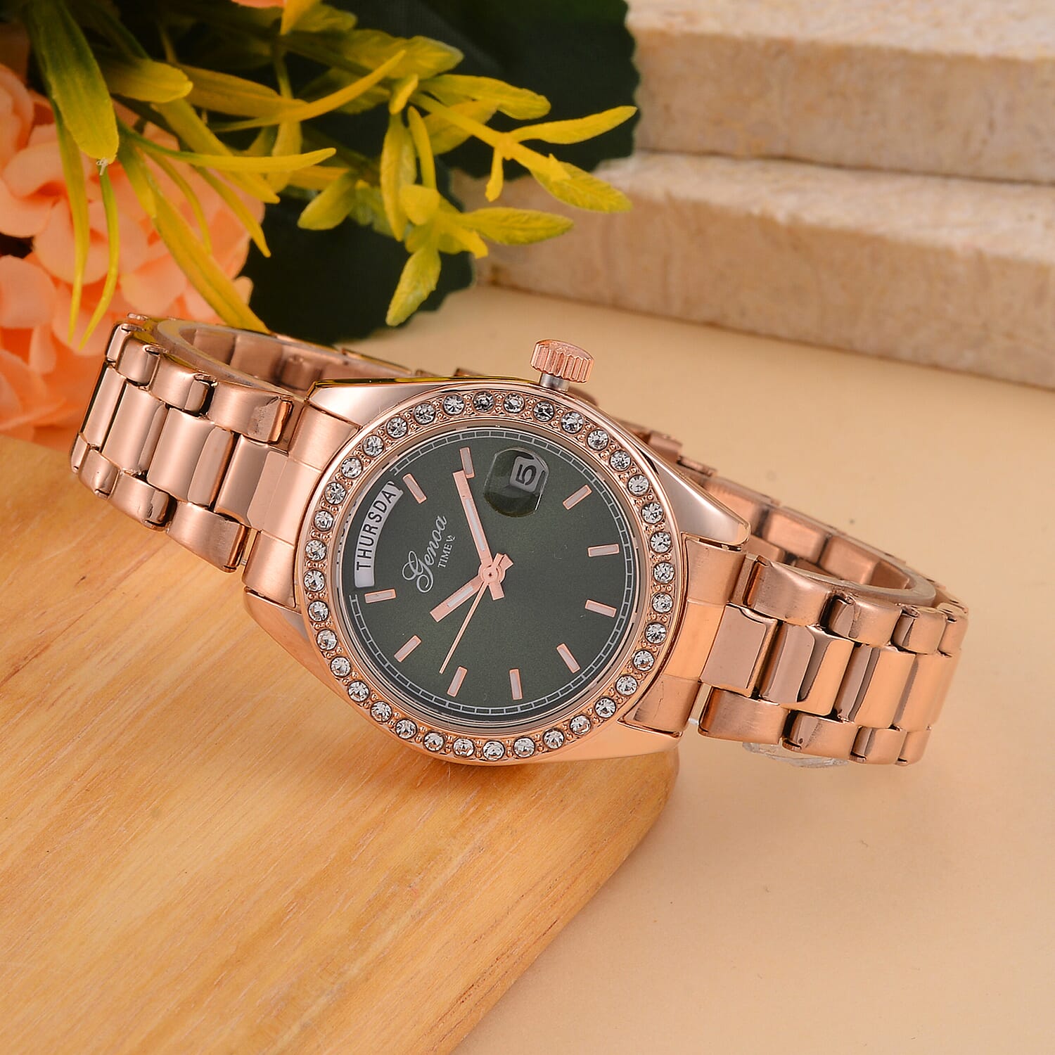 GENOA TIME Day Date 3ATM WR 32mm Green Sunshine Dial Rose Gold Watch
