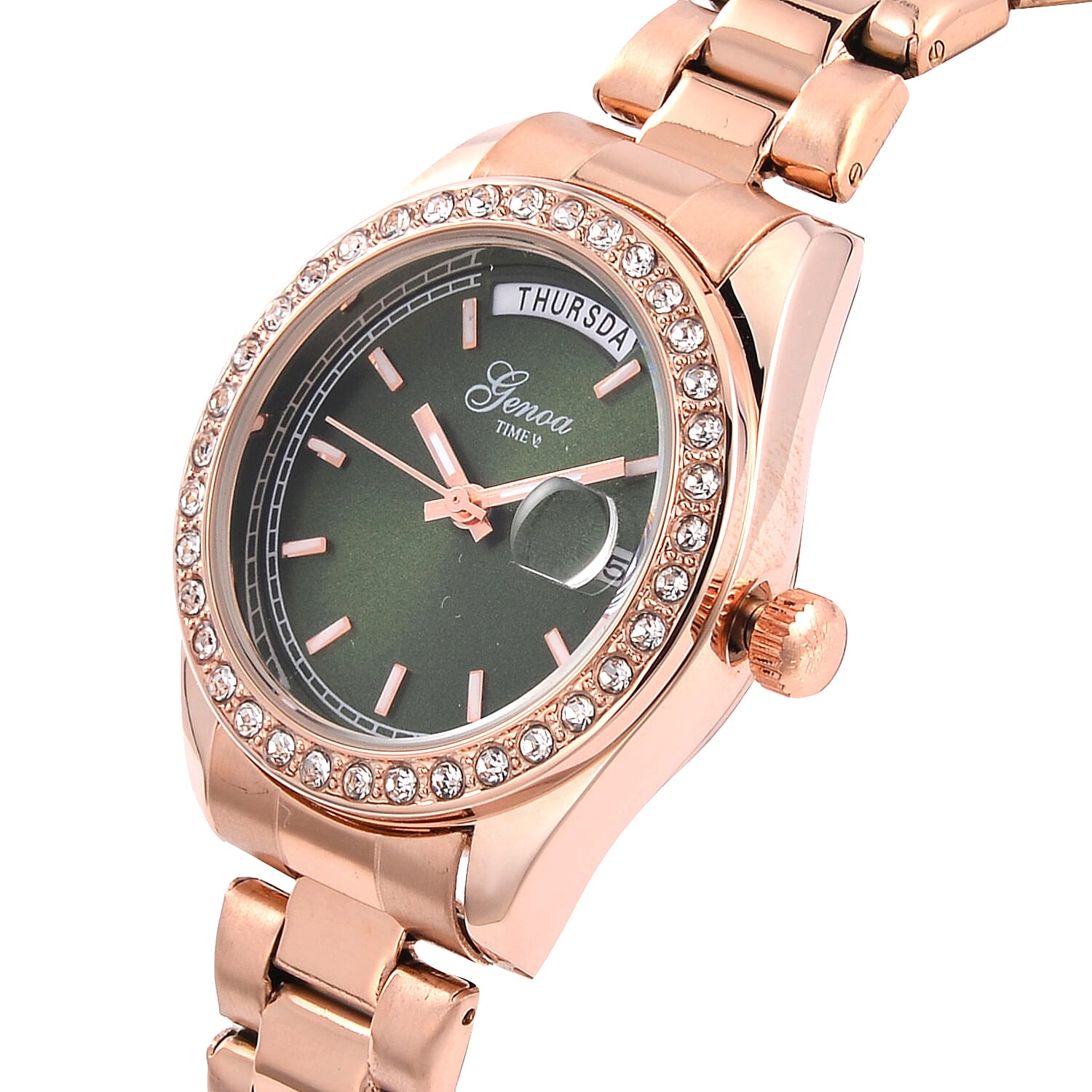 GENOA TIME Day Date 3ATM WR 32mm Green Sunshine Dial Rose Gold Watch