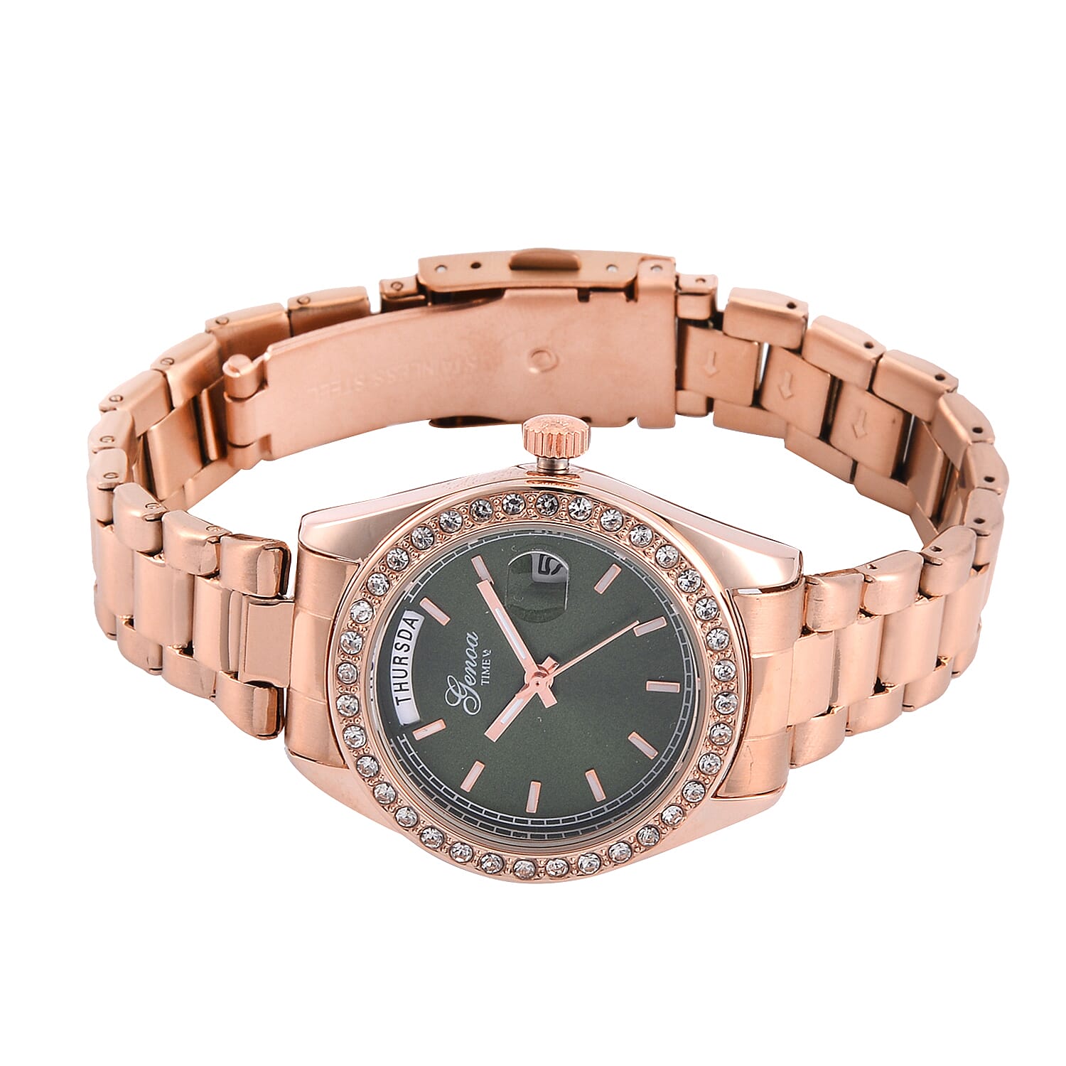 GENOA TIME Day Date 3ATM WR 32mm Green Sunshine Dial Rose Gold Watch