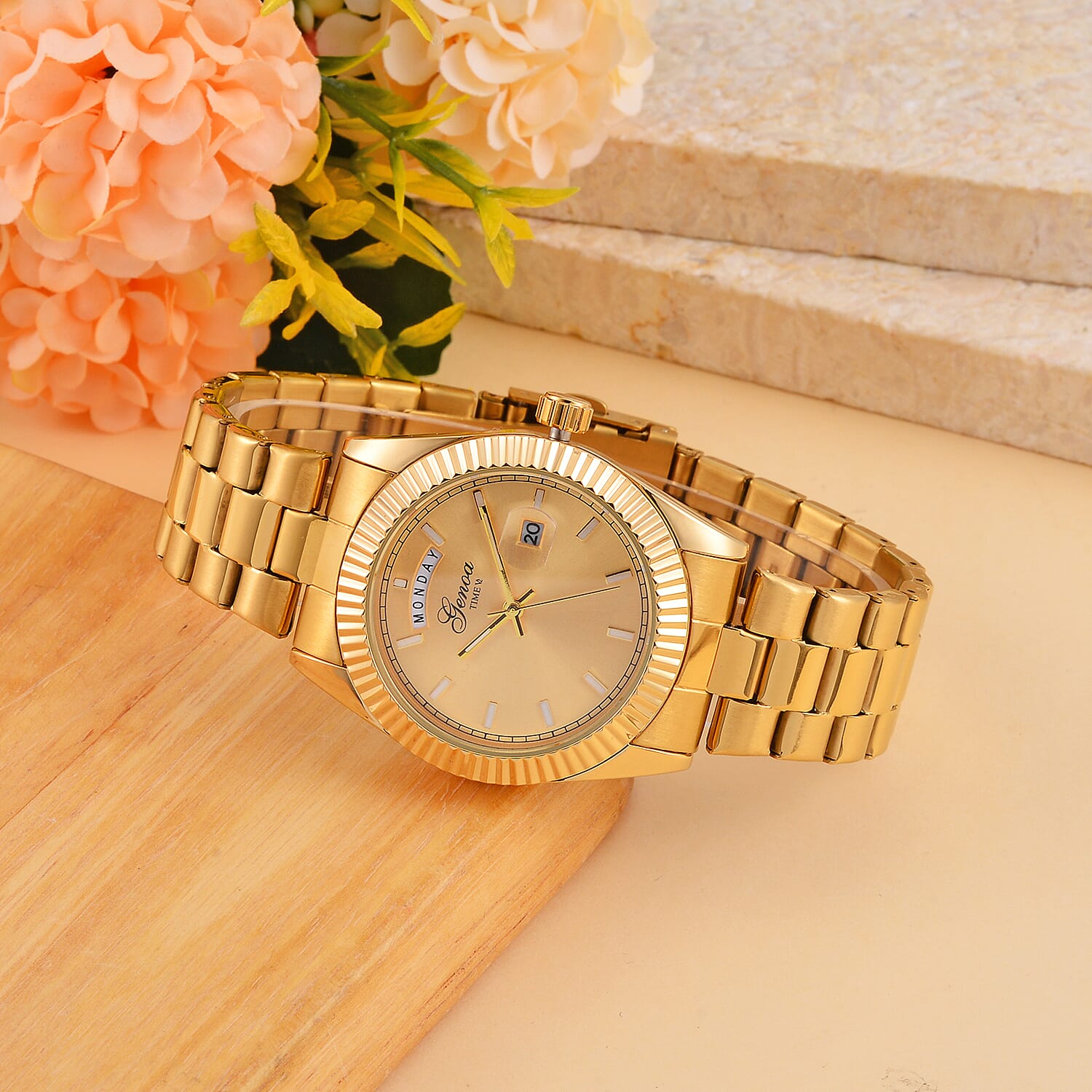 GENOA TIME Day Date 3ATM WR Gold Dial Yellow Gold Watch