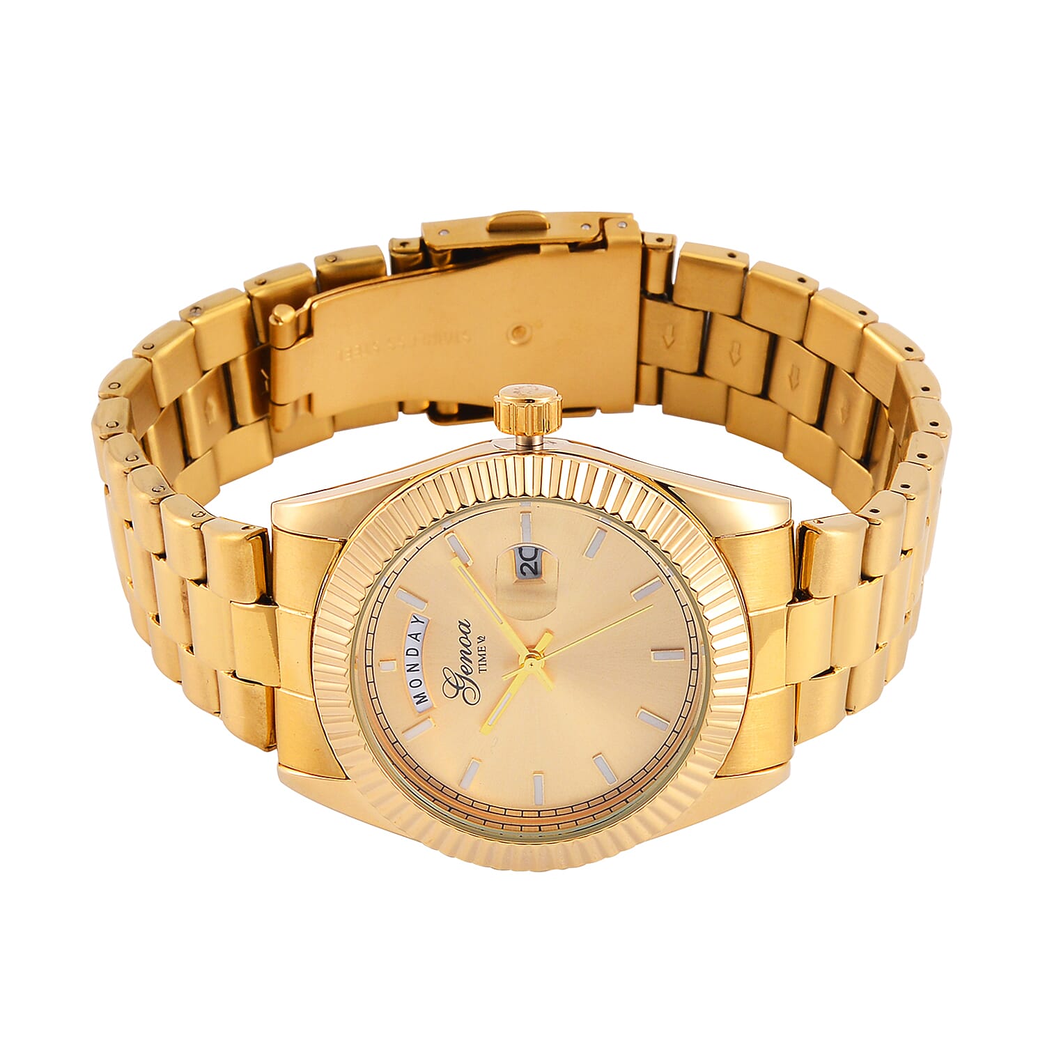 GENOA TIME Day Date 3ATM WR Gold Dial Yellow Gold Watch