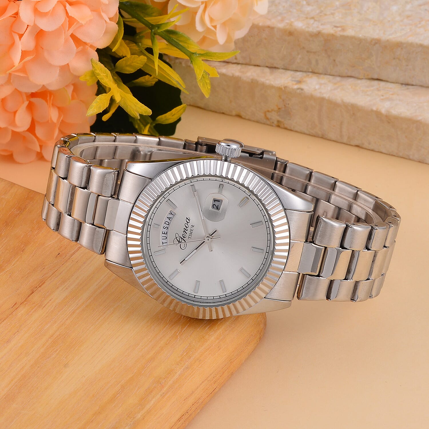 GENOA TIME Day Date 3ATM WR Silver Watch