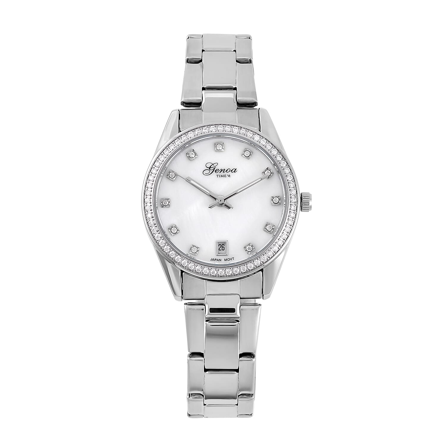 GENOA TIME Miyota Japan Movt. White MOP Literal Dial 3 ATM WR Ladies Watch in Stainless Steel Strap