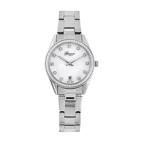 Limited Edition - GENOA 36 Moissanites Japan Movt. White MOP 3 ATM WR Ladies Watch - Silver