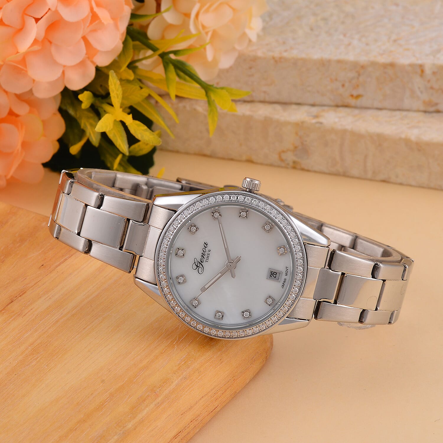 GENOA TIME Miyota Japan Movt. White MOP Literal Dial 3 ATM WR Ladies Watch in Stainless Steel Strap