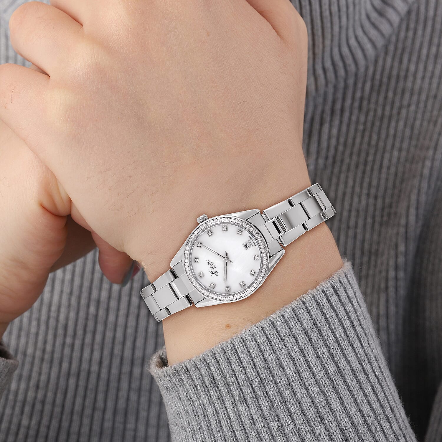 GENOA TIME Miyota Japan Movt. White MOP Literal Dial 3 ATM WR Ladies Watch in Stainless Steel Strap