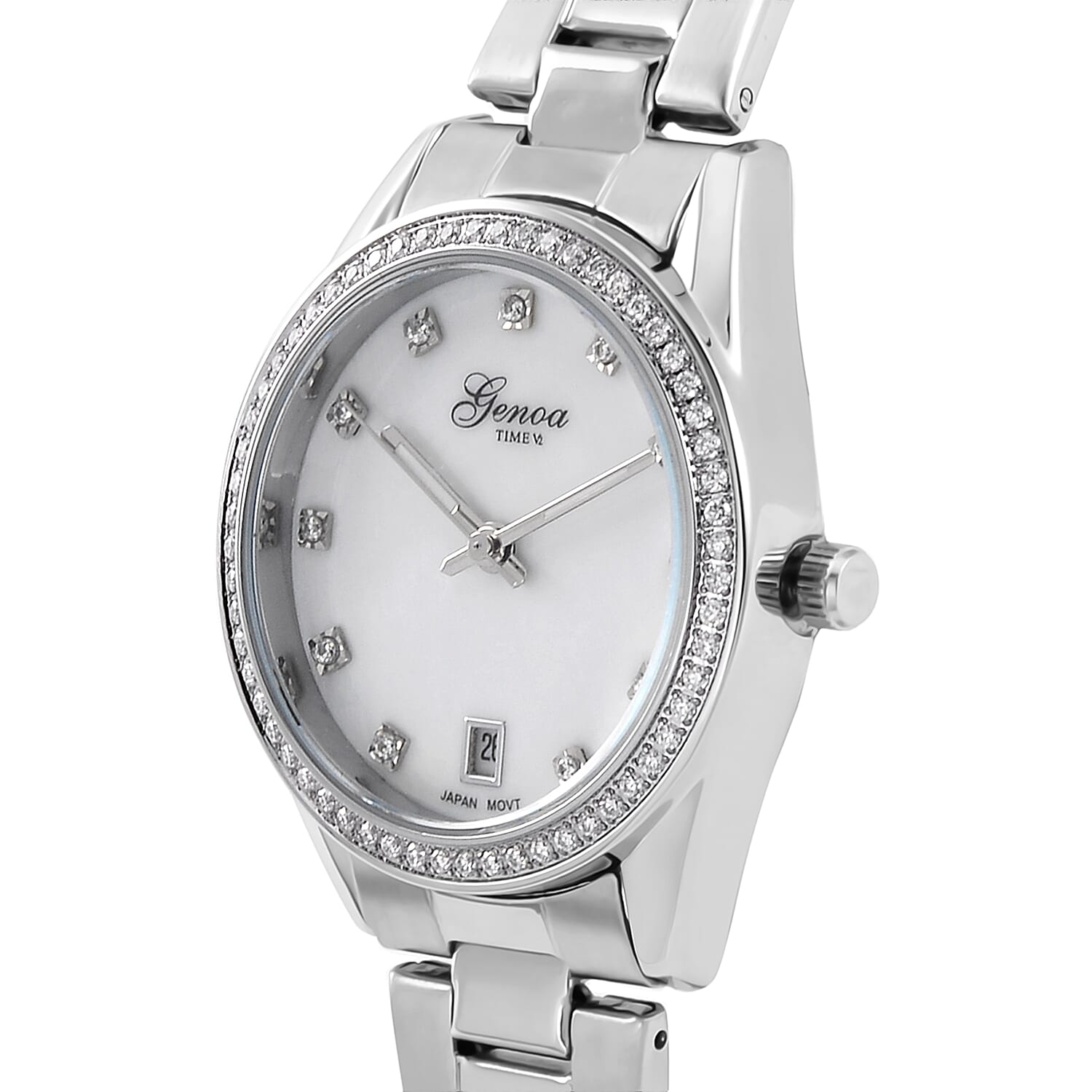 GENOA TIME Miyota Japan Movt. White MOP Literal Dial 3 ATM WR Ladies Watch in Stainless Steel Strap