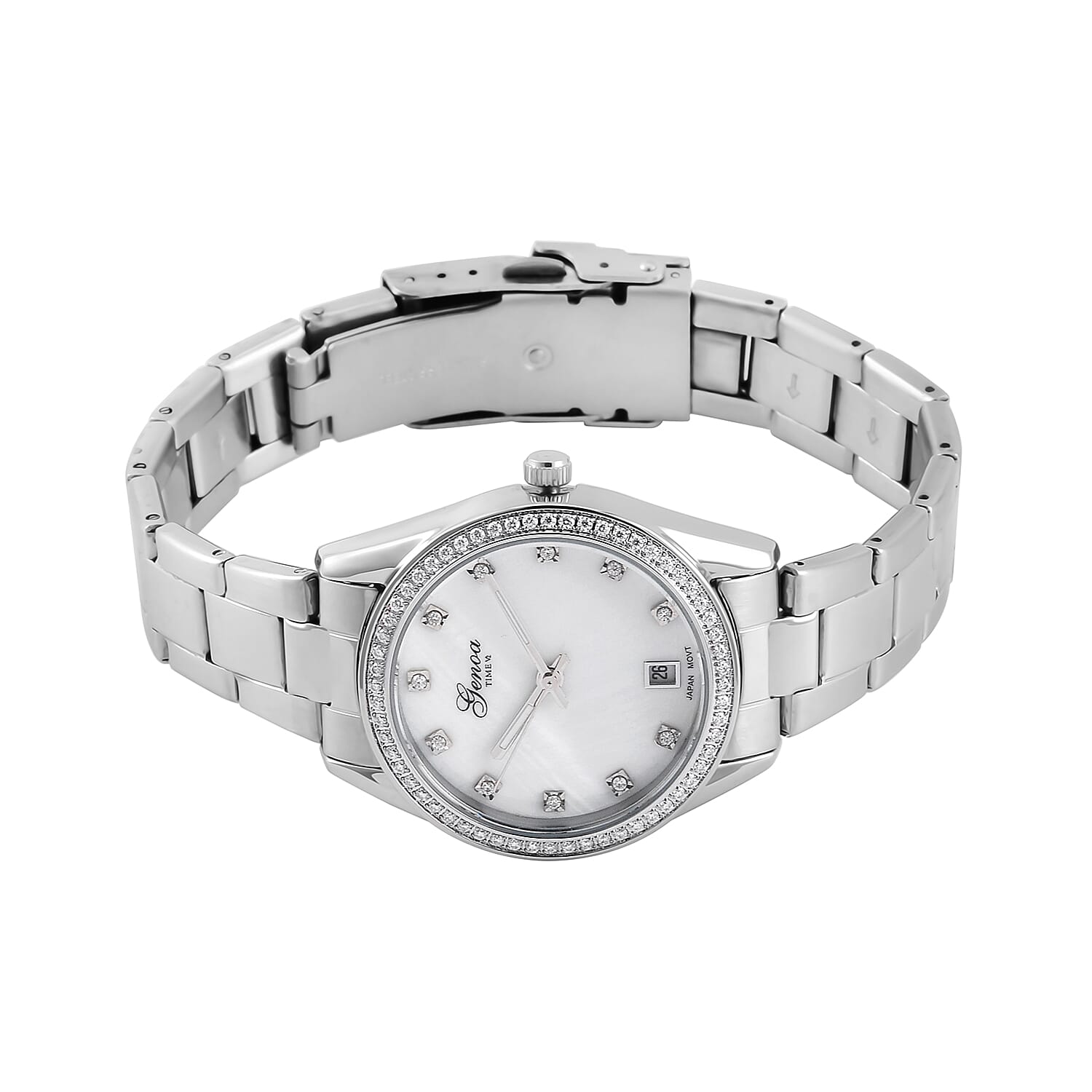 Limited Edition - GENOA 36 Moissanites Japan Movt. White MOP 3 ATM WR Ladies Watch - Silver