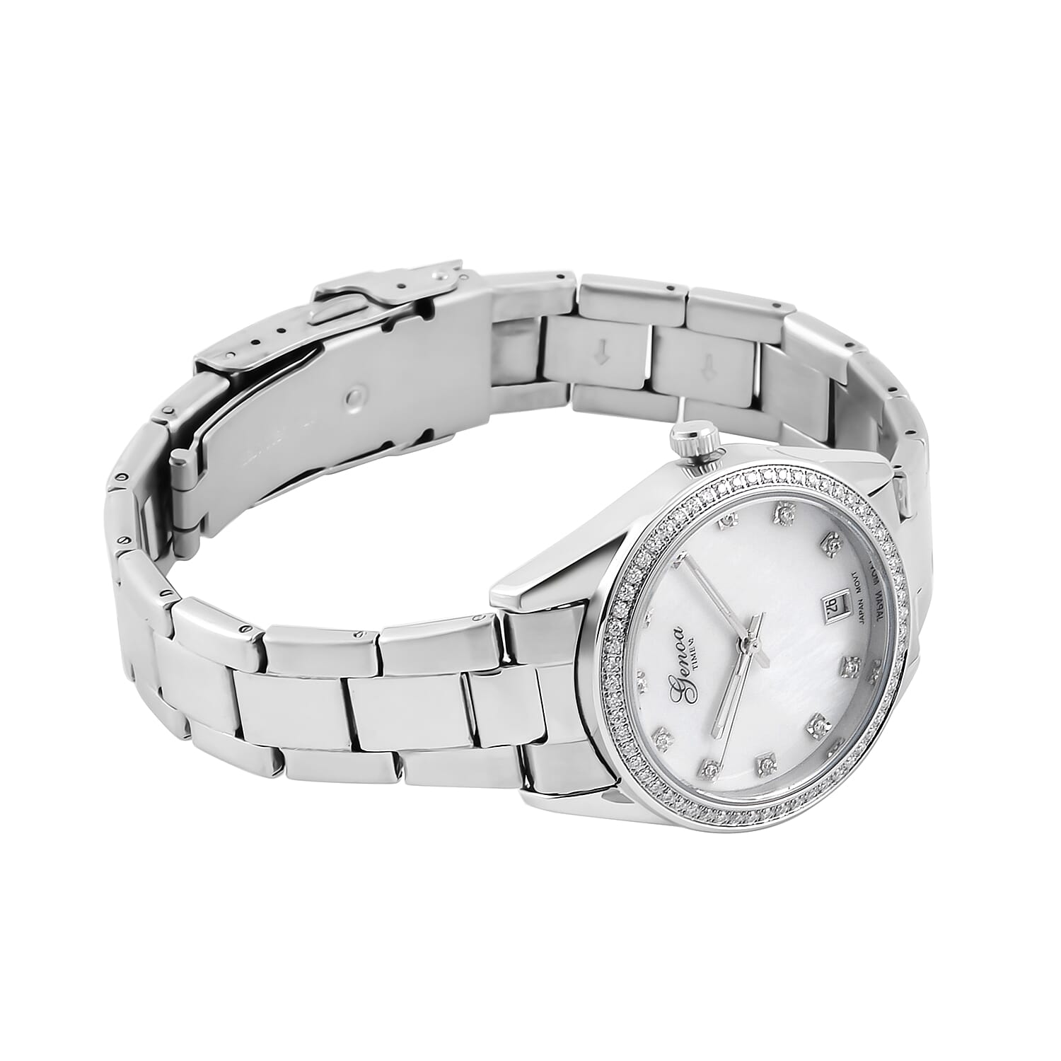 Limited Edition - GENOA 36 Moissanites Japan Movt. White MOP 3 ATM WR Ladies Watch - Silver