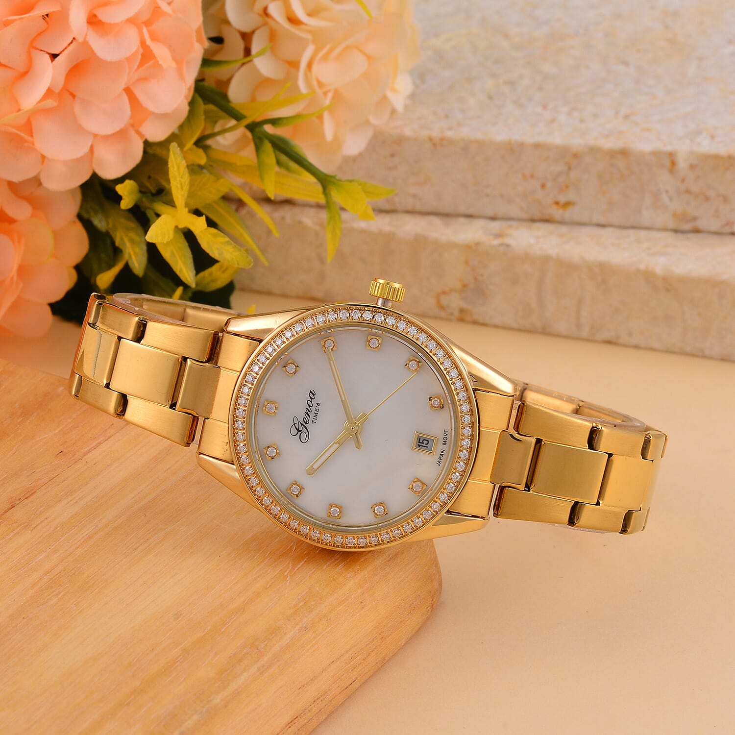 Limited Edition - GENOA 36 Moissanites Japan Movt. White MOP 3 ATM WR Ladies Watch - Silver