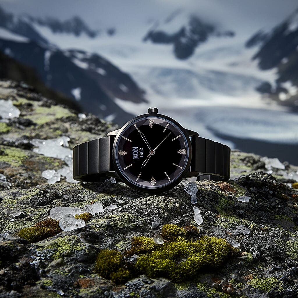 LIMITED EDITION - EON SWISS Movement Natural Diamonds 5 ATM Watch in Stainless Steel Strap - Black