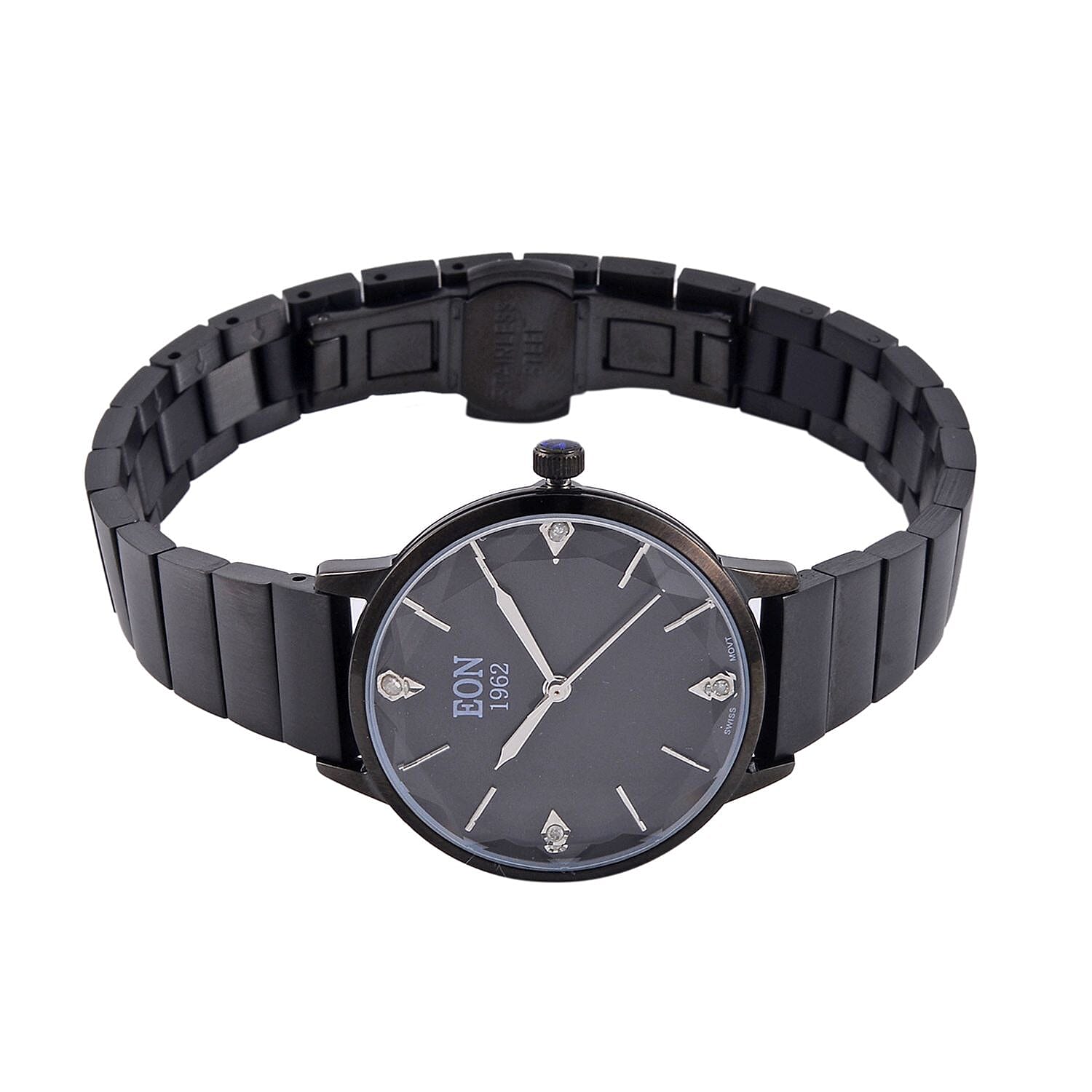 LIMITED EDITION - EON SWISS Movement Natural Diamonds 5 ATM Watch in Stainless Steel Strap - Black