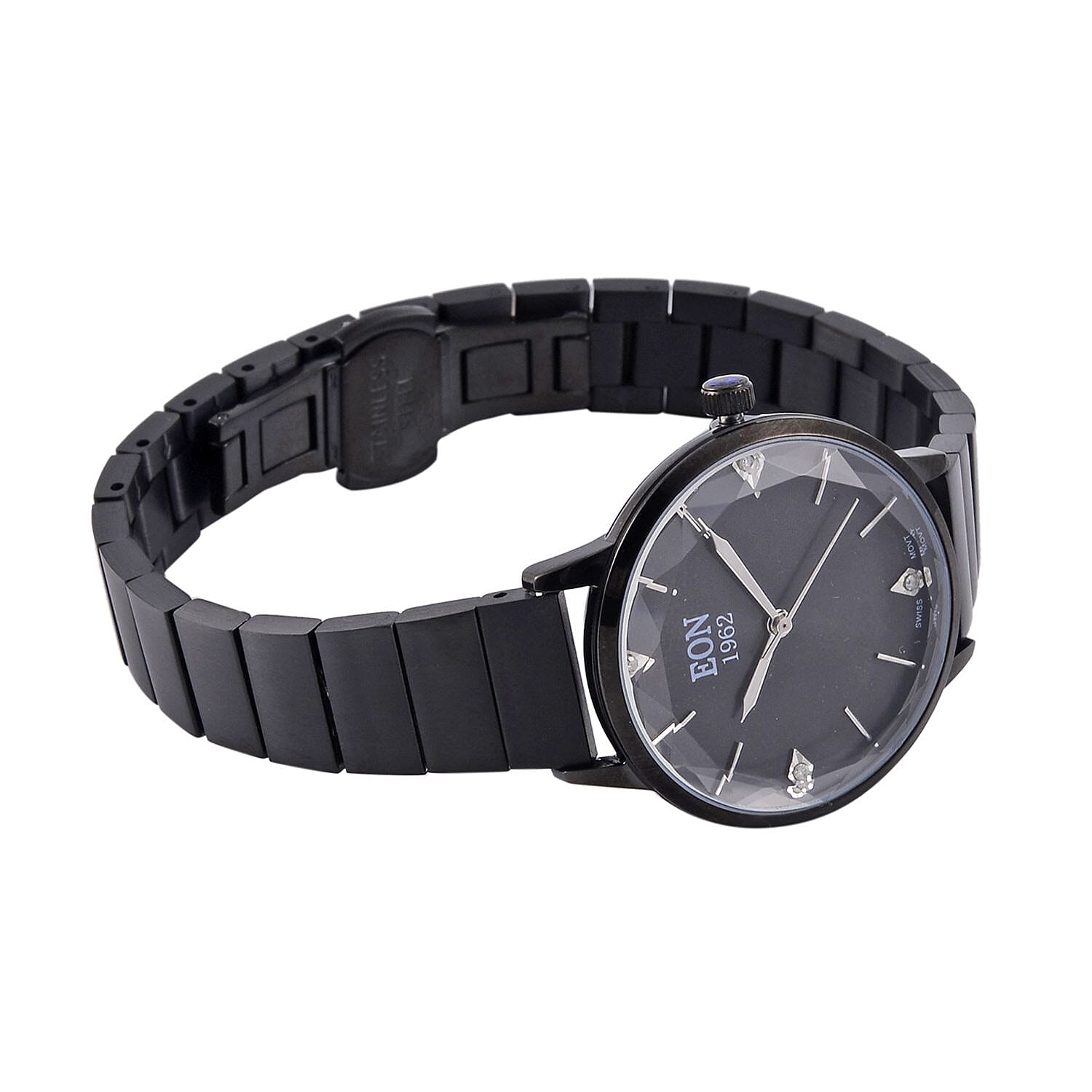 LIMITED EDITION - EON SWISS Movement Natural Diamonds 5 ATM Watch in Stainless Steel Strap - Black