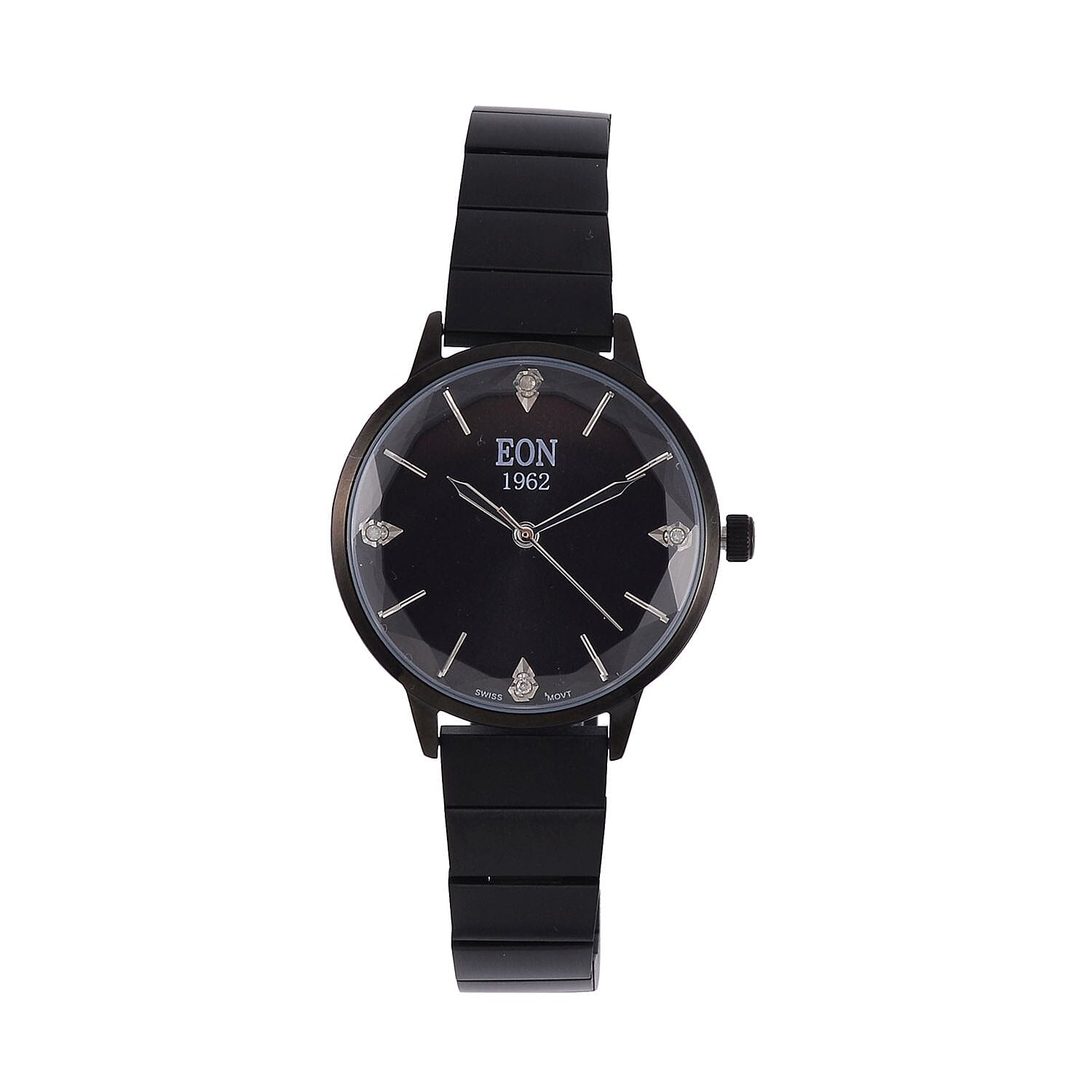 LIMITED EDITION - EON SWISS Movement Natural Diamonds 5 ATM Watch in Stainless Steel Strap - Black