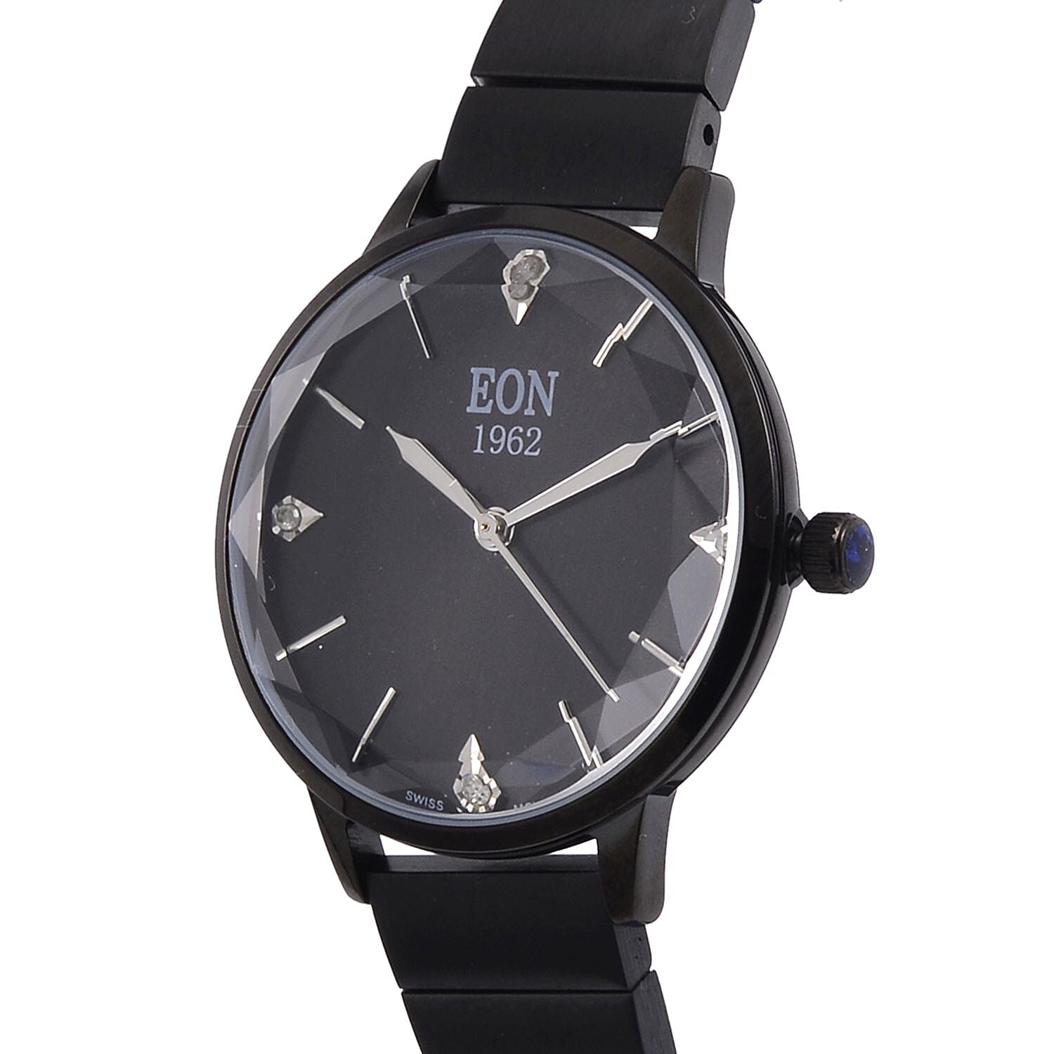 LIMITED EDITION - EON SWISS Movement Natural Diamonds 5 ATM Watch in Stainless Steel Strap - Black