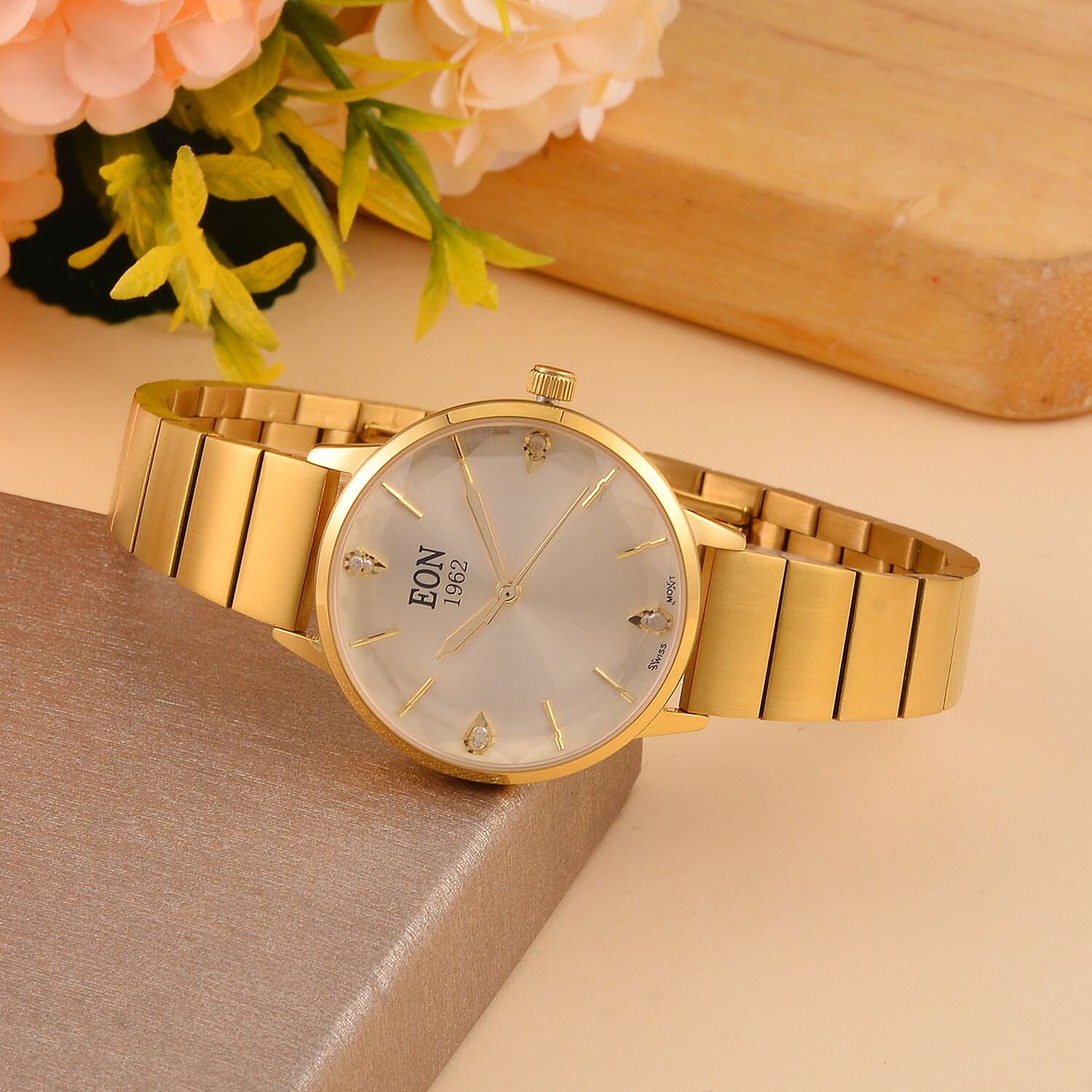 LIMITED EDITION - EON SWISS Movement Natural Diamonds 5 ATM Watch in Stainless Steel Strap - Gold