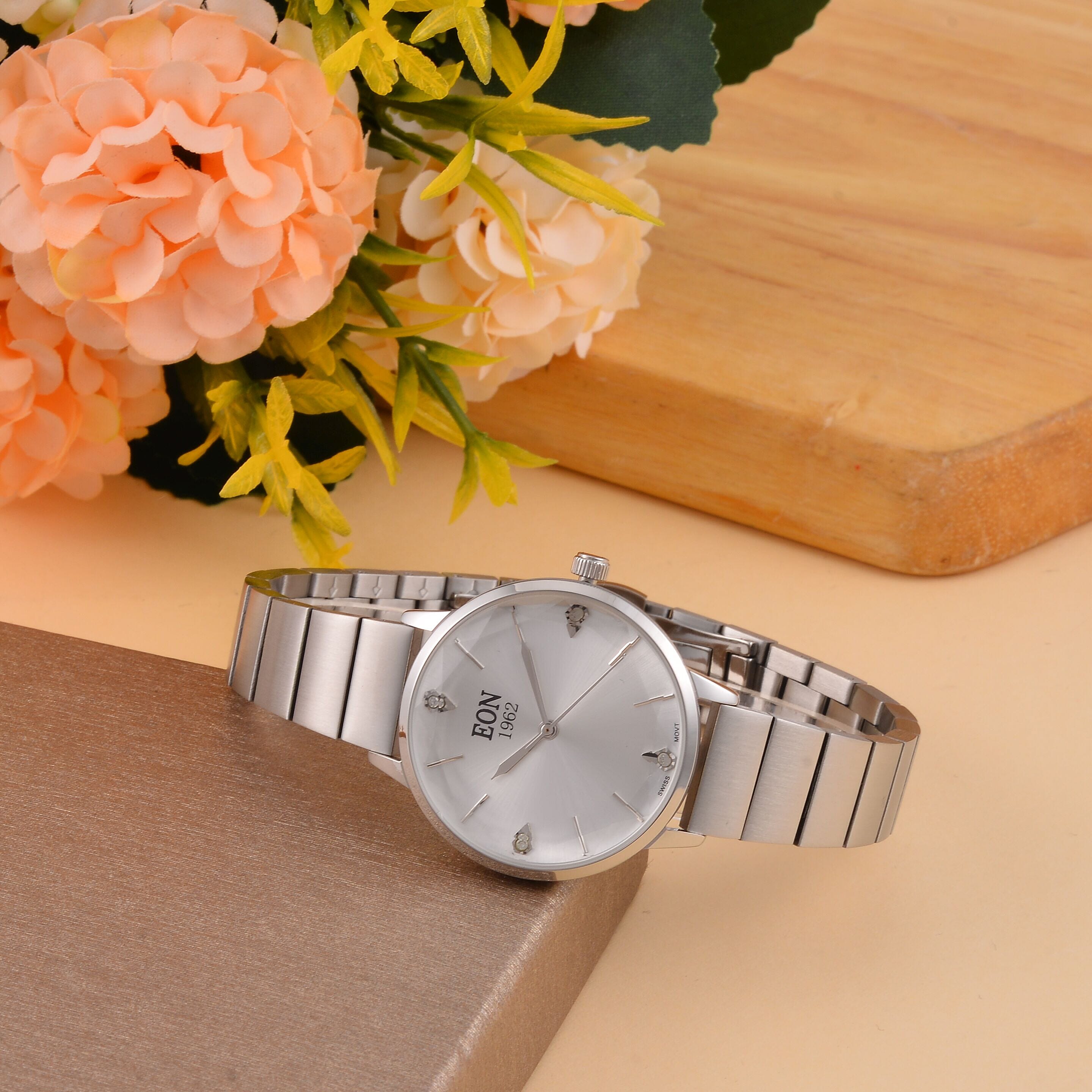 LIMITED EDITION - EON SWISS Movement Natural Diamonds 5 ATM Watch in Stainless Steel Strap - SIlver