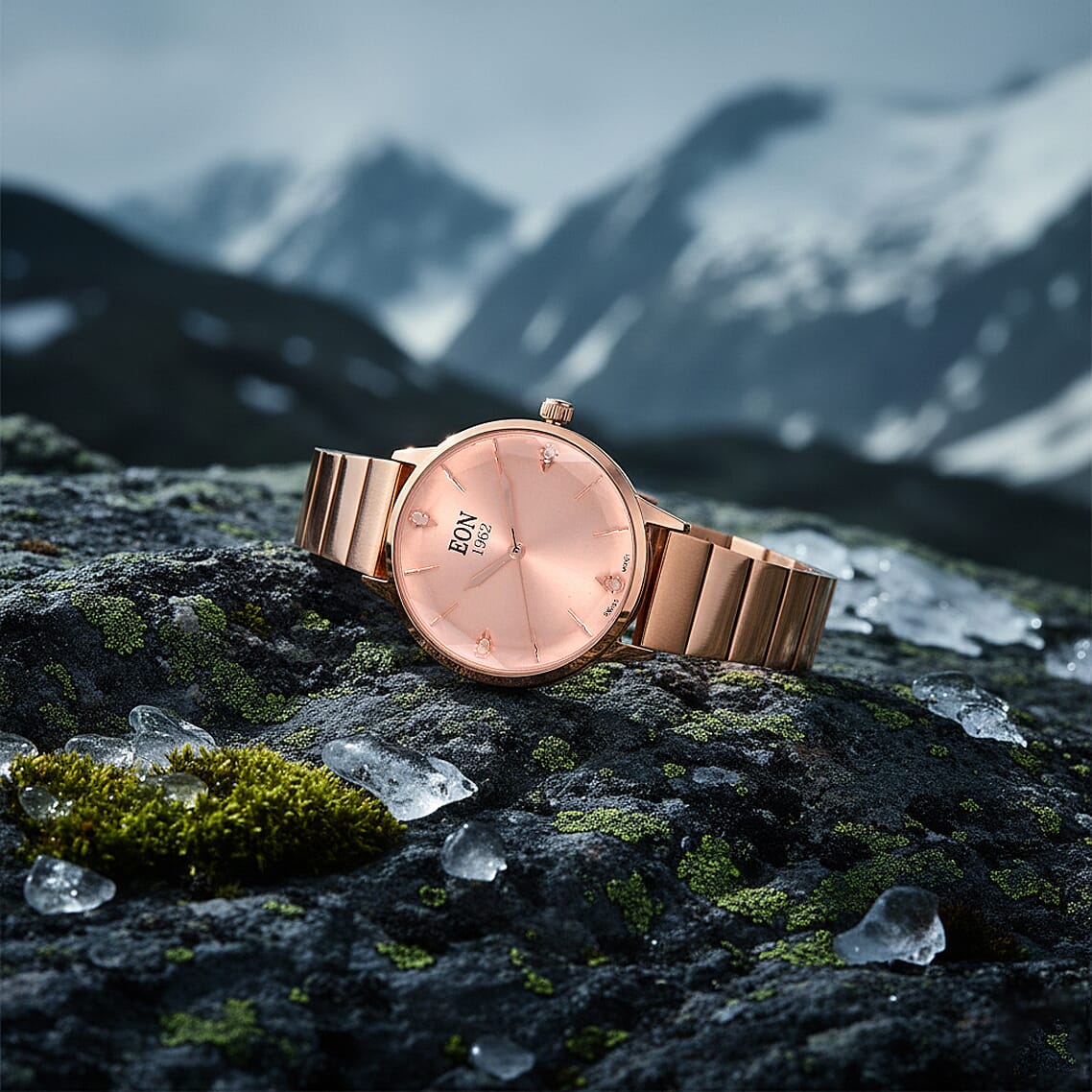 LIMITED EDITION - EON SWISS Movement Natural Diamonds 5 ATM Watch in Stainless Steel Strap - Rose Gold