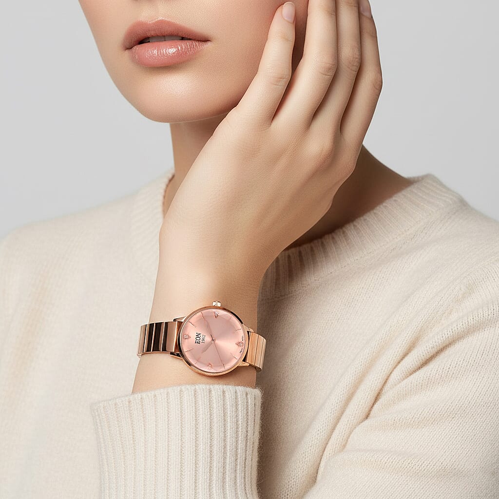 LIMITED EDITION - EON SWISS Movement Natural Diamonds 5 ATM Watch in Stainless Steel Strap - Rose Gold