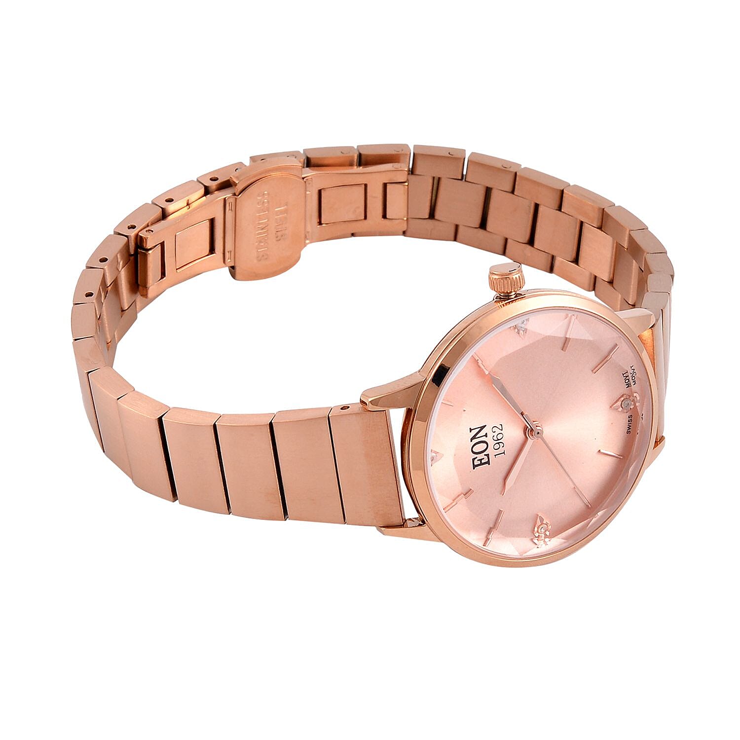 LIMITED EDITION - EON SWISS Movement Natural Diamonds 5 ATM Watch in Stainless Steel Strap - Rose Gold