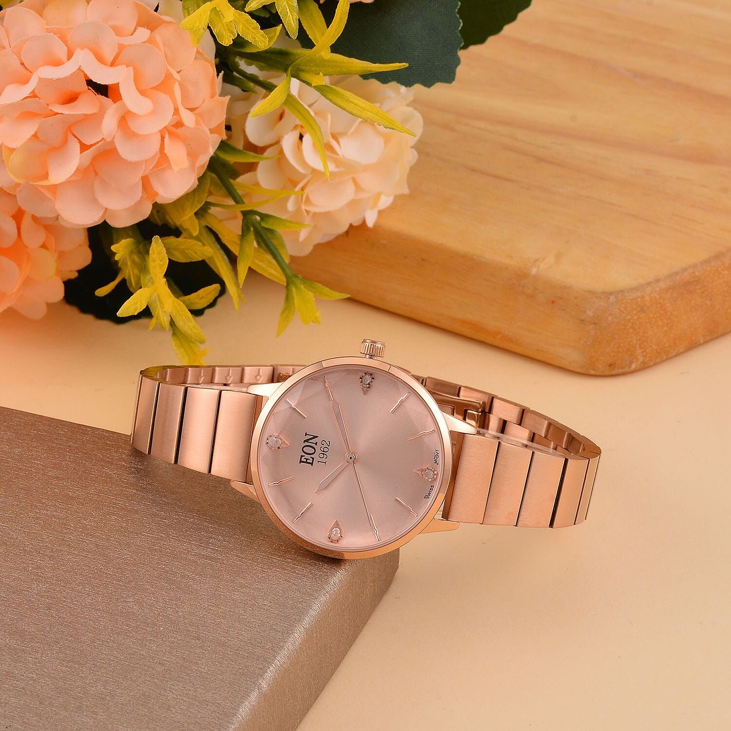 LIMITED EDITION - EON SWISS Movement Natural Diamonds 5 ATM Watch in Stainless Steel Strap - Rose Gold