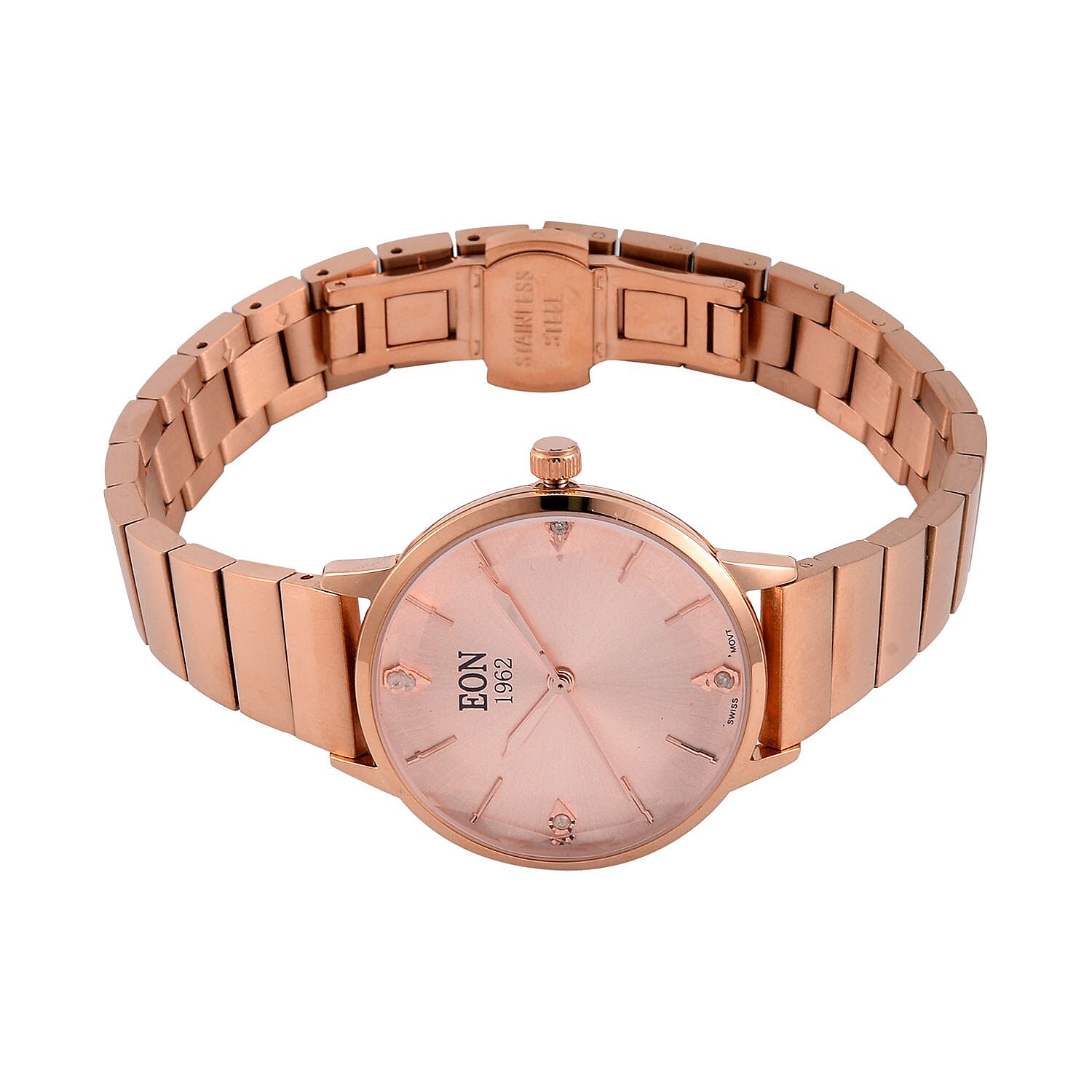 LIMITED EDITION - EON SWISS Movement Natural Diamonds 5 ATM Watch in Stainless Steel Strap - Rose Gold