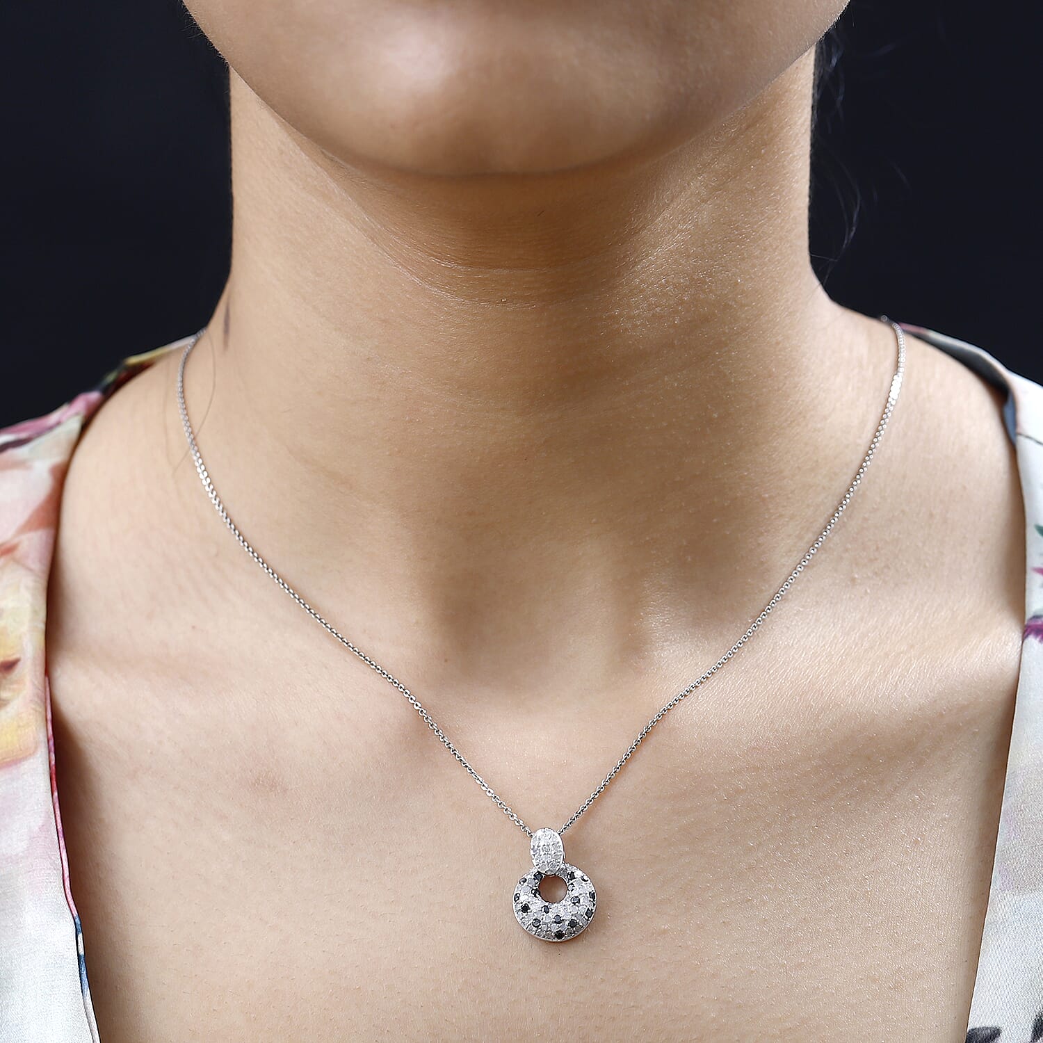 White Diamond & Black Diamond Pendant in Platinum Overlay Sterling Silver 1.00 Ct