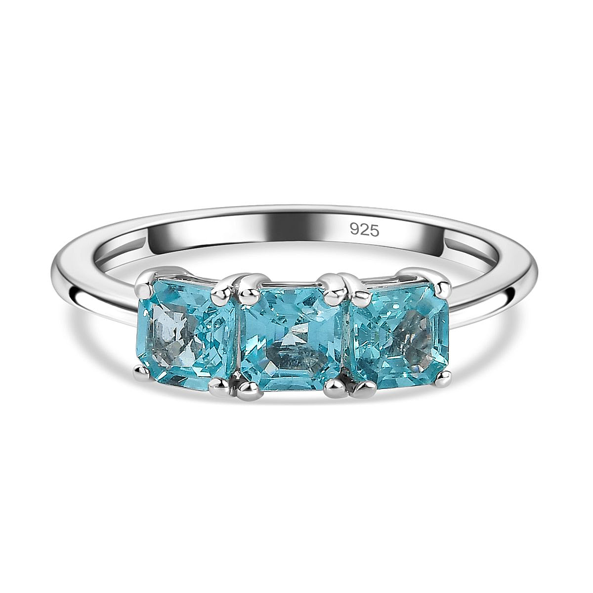 Blue Apatite 3 Stone Ring in Platinum Overlay Sterling Silver 1.10 Ct.