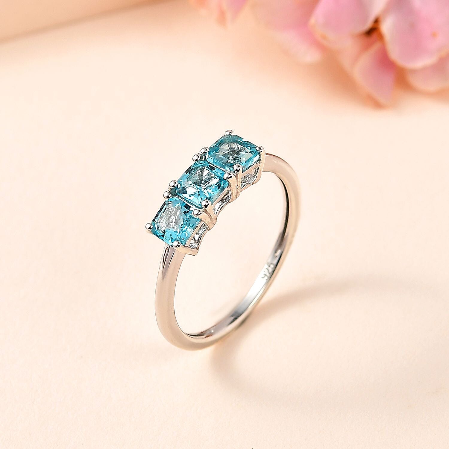 Blue Apatite 3 Stone Ring in Platinum Overlay Sterling Silver 1.10 Ct.