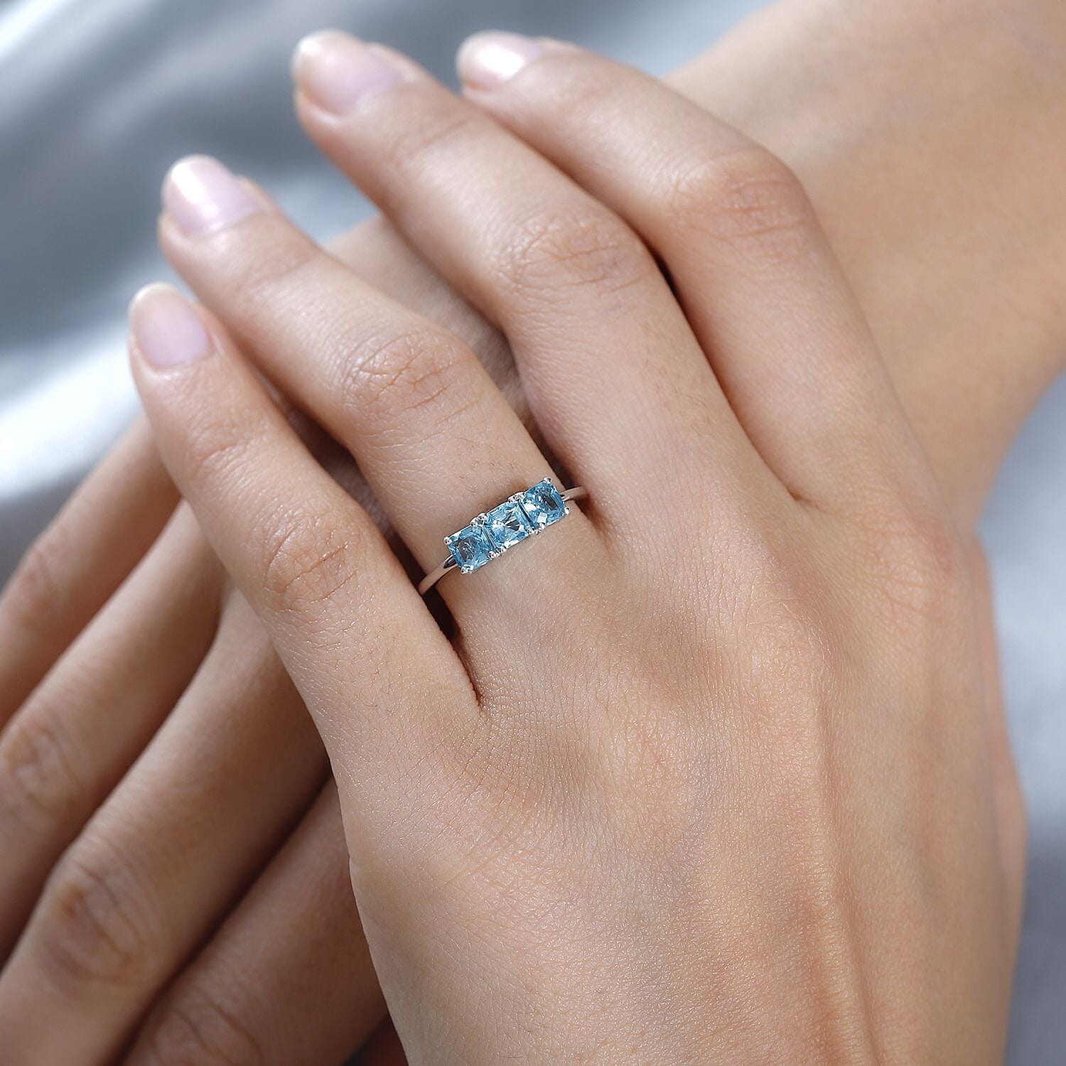 Blue Apatite 3 Stone Ring in Platinum Overlay Sterling Silver 1.10 Ct.
