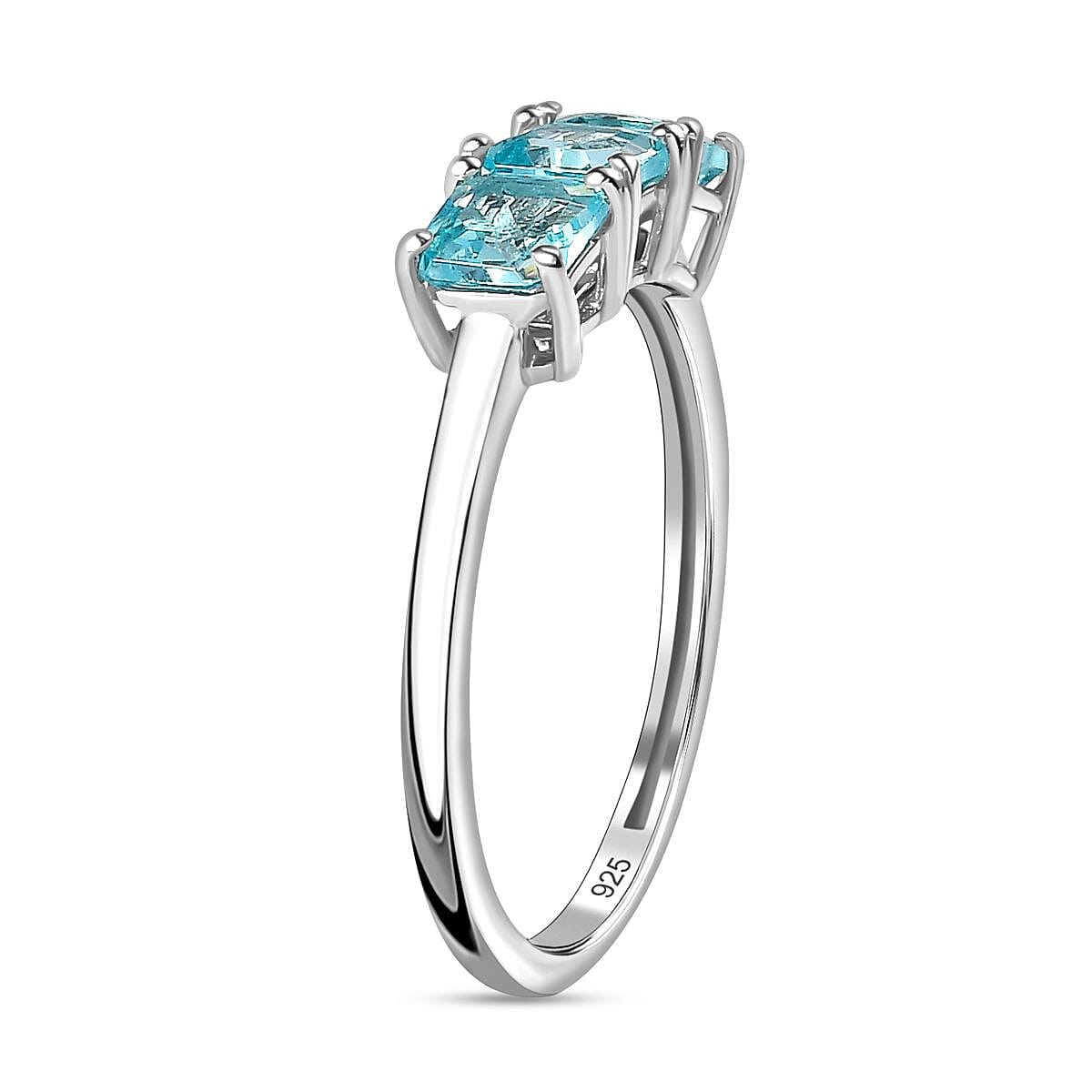 Blue Apatite 3 Stone Ring in Platinum Overlay Sterling Silver 1.10 Ct.