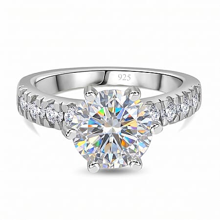 Moissanite (120 Facets) Ring in Platinum Overlay Sterling Silver 3.00 Ct. Moissanite (120 Facets) Ring in Platinum Overlay Sterling Silver 3.00 Ct.